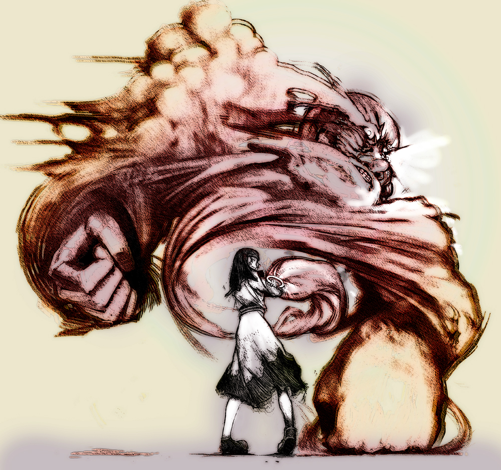 arugeri, kumoi ichirin, unzan, touhou, 1boy, 1girl, beard, facial hair, from behind, glaring, hood, jewelry, looking back, monochrome, ring, size difference, standing