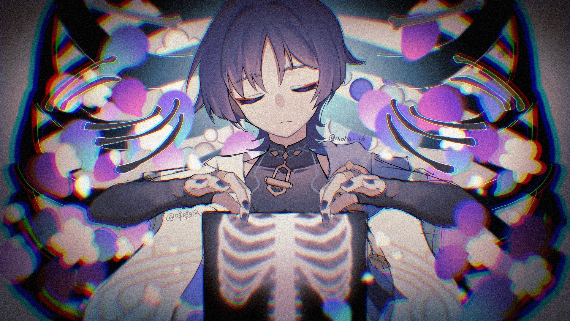 mohu 116, scaramouche (genshin impact), wanderer (genshin impact), genshin impact, highres, 1boy, black bodysuit, black bridal gauntlets, blue cape, blunt ends, bodysuit, bridal gauntlets, cape, chromatic aberration, closed eyes, closed mouth, colored eyelashes, covered collarbone, expressionless, eyeliner, eyeshadow, facing viewer, furisode, gold ring, grey sleeves, hands up, heavy chromatic aberration, holding, japanese clothes, kimono, layered sleeves, makeup, male focus, mandarin collar, middle ring, purple hair, purple nails, red eyeliner, red eyeshadow, ribs, short sleeves, shoulder peek, solo, split mouth, straight-on, twitter username, white sleeves, wispy bangs, x-ray film