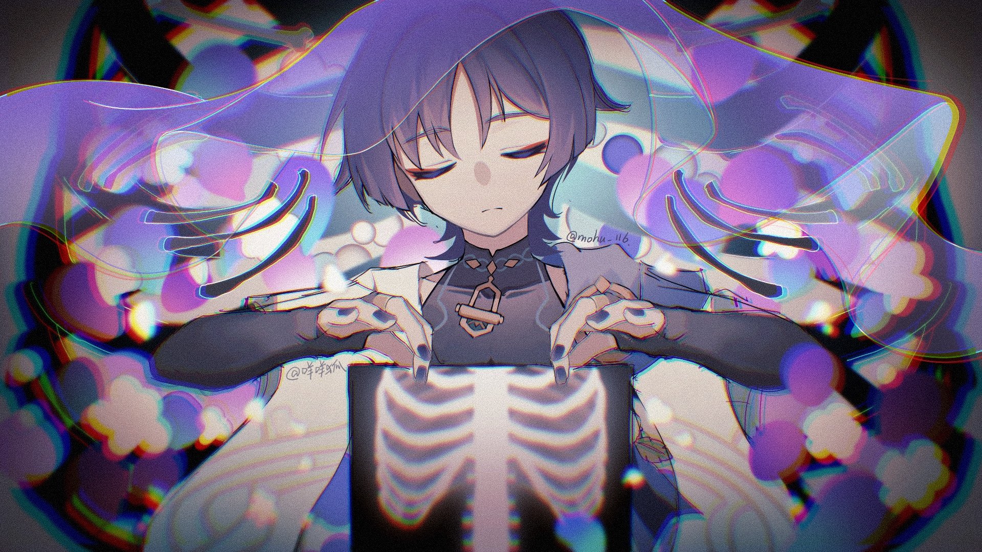 mohu 116, scaramouche (genshin impact), wanderer (genshin impact), genshin impact, highres, 1boy, black bodysuit, black bridal gauntlets, blue cape, blunt ends, bodysuit, bridal gauntlets, cape, chromatic aberration, closed eyes, closed mouth, colored eyelashes, covered collarbone, expressionless, eyeliner, eyeshadow, facing viewer, furisode, gold ring, grey sleeves, hands up, heavy chromatic aberration, holding, japanese clothes, kimono, layered sleeves, makeup, male focus, mandarin collar, middle ring, purple hair, purple nails, purple veil, red eyeliner, red eyeshadow, ribs, see-through clothes, see-through veil, short sleeves, shoulder peek, solo, split mouth, straight-on, twitter username, veil, white sleeves, wispy bangs, x-ray film