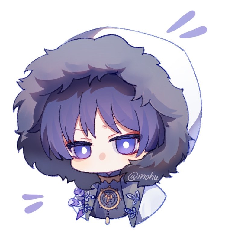 mohu 116, scaramouche (genshin impact), genshin impact, 1boy, aiguillette, black bodysuit, blunt ends, bodysuit, bright pupils, chibi, coat, cropped torso, crystal, eyeliner, eyeshadow, fatui coat, fur-trimmed coat, fur-trimmed hood, fur trim, gem, gold, hood, hood up, hooded coat, jewelry, lapels, looking at viewer, makeup, male focus, mitsudomoe (shape), neck ring, no mouth, notice lines, open clothes, open coat, purple eyes, purple gemstone, purple hair, purple rope, red eyeliner, red eyeshadow, rope, solo, tomoe (symbol), twitter username, white background, white coat, white hood, white pupils, white rope