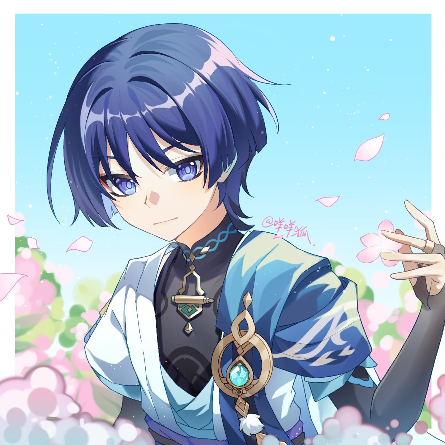 mohu 116, scaramouche (genshin impact), wanderer (genshin impact), genshin impact, highres, 1boy, anemo symbol (genshin impact), aqua gemstone, arm at side, belt, black belt, black bodysuit, blue cape, blue kimono, blue sky, blue sleeves, bodysuit, border, bush, cape, clear sky, closed mouth, eyeliner, eyeshadow, falling petals, feathers, flower, furisode, gem, hand up, japanese clothes, juban, kimono, layered sleeves, looking at viewer, makeup, male focus, mandarin collar, open clothes, open kimono, outdoors, petals, pink flower, pink petals, plant, pom pom (clothes), purple eyes, purple hair, purple sash, red eyeliner, red eyeshadow, sash, short sleeves, shoulder peek, sky, smile, solo, tsurime, upper body, vision (genshin impact), white border, white kimono, white sleeves, white trim, wispy bangs, yellow feathers
