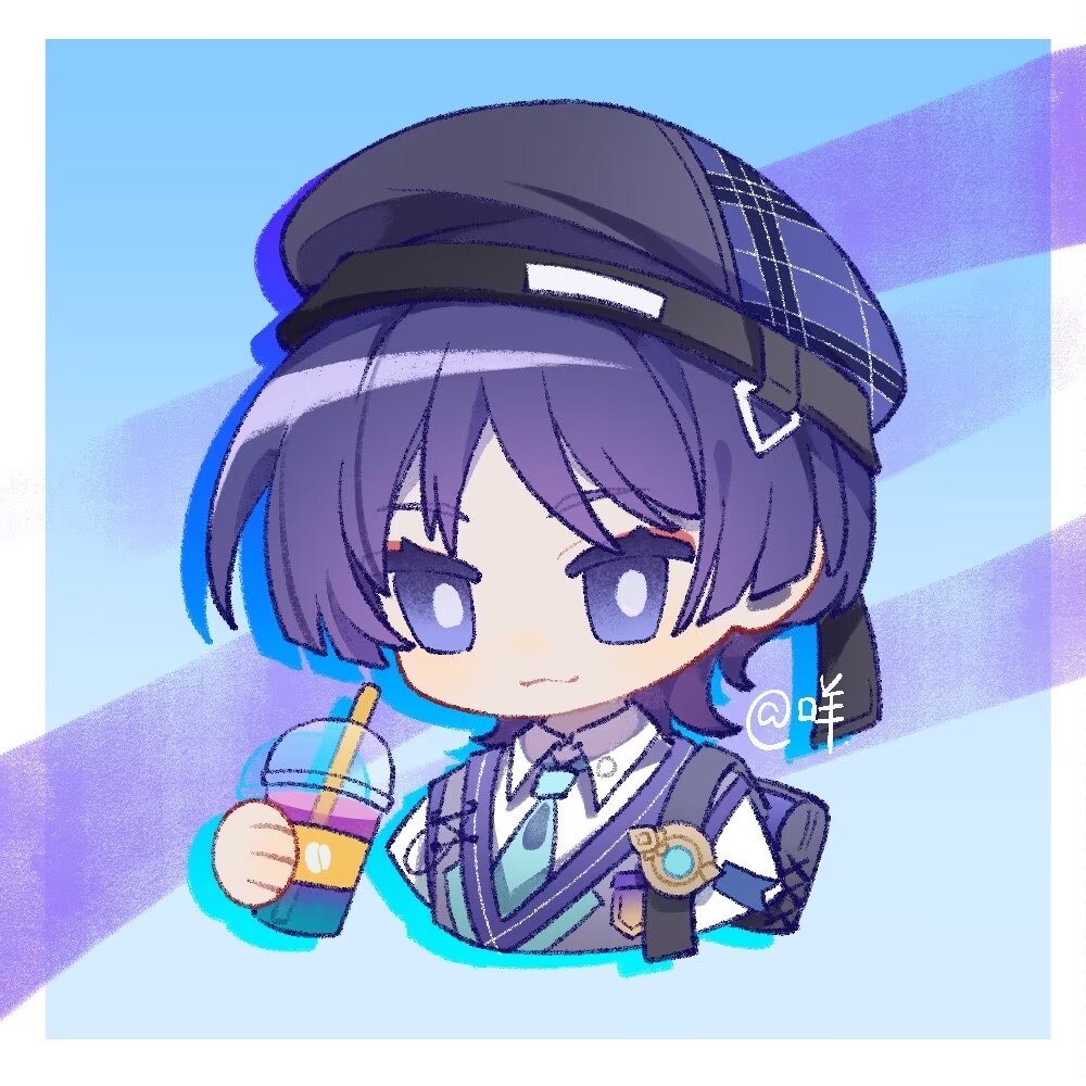 mohu 116, scaramouche (genshin impact), wanderer (genshin impact), wanderer (mega mgc coffee) (genshin impact), genshin impact, 1boy, :3, backpack, bag, beret, black bag, black hat, blue background, blue gemstone, blue necktie, blunt ends, border, bright pupils, chibi, circle hands, closed mouth, collared shirt, contemporary, cropped torso, cup, disembodied hand, disposable cup, drinking straw, drop shadow, eyeliner, eyeshadow, gem, gold, grey vest, hat, holding, holding cup, makeup, male focus, necktie, official alternate costume, purple background, purple eyes, purple hair, purple trim, red eyeliner, red eyeshadow, school uniform, shirt, short sleeves, smile, solo, twitter username, vest, vision (genshin impact), white border, white pupils, white shirt, white sleeves, wispy bangs