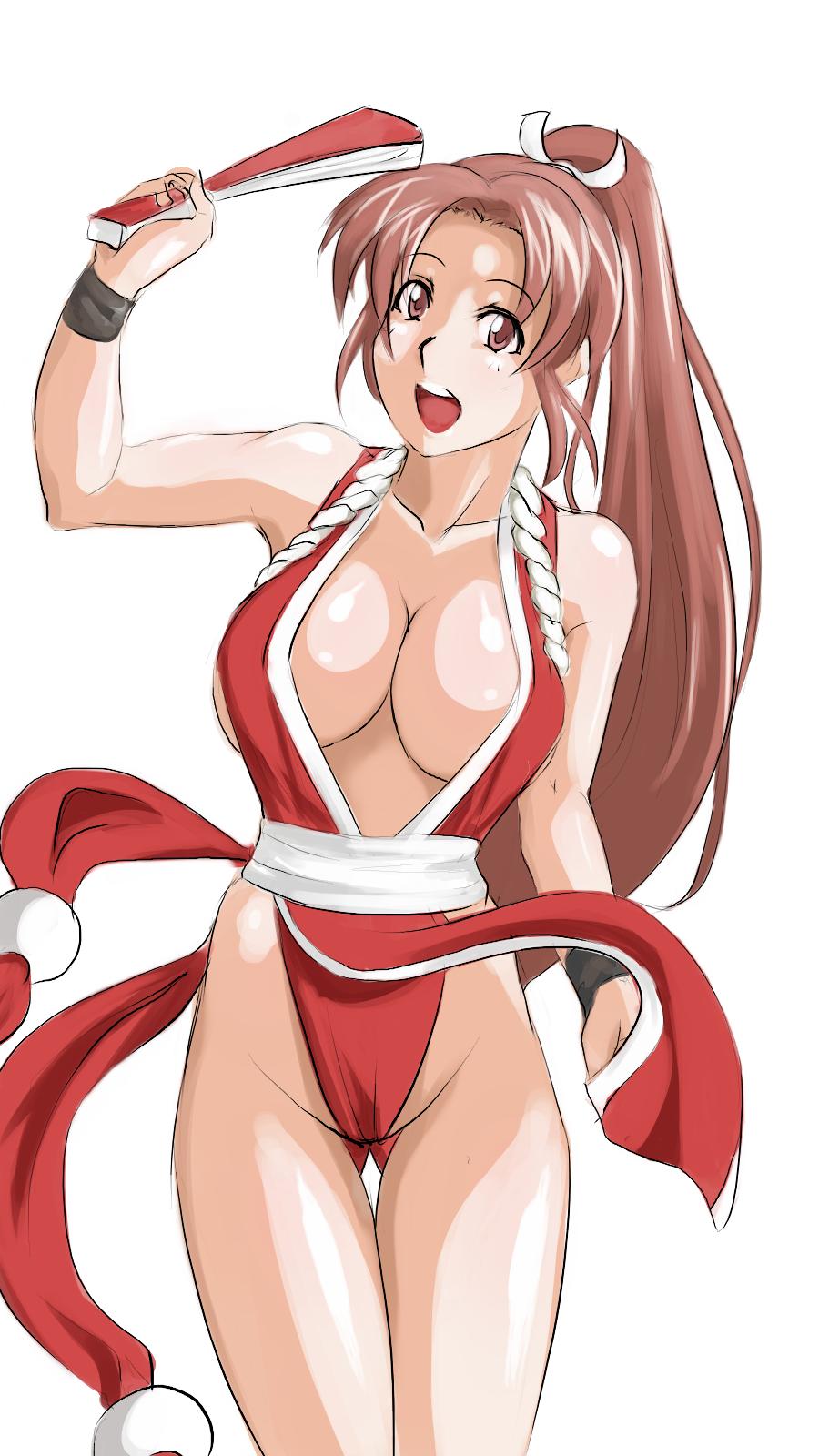 saruanu, shiranui mai, fatal fury, snk, the king of fighters, bad id, bad pixiv id, highres, 1girl, bare shoulders, breasts, cleavage, female focus, groin, highleg, large breasts, pelvic curtain, revealing clothes, slender, solo