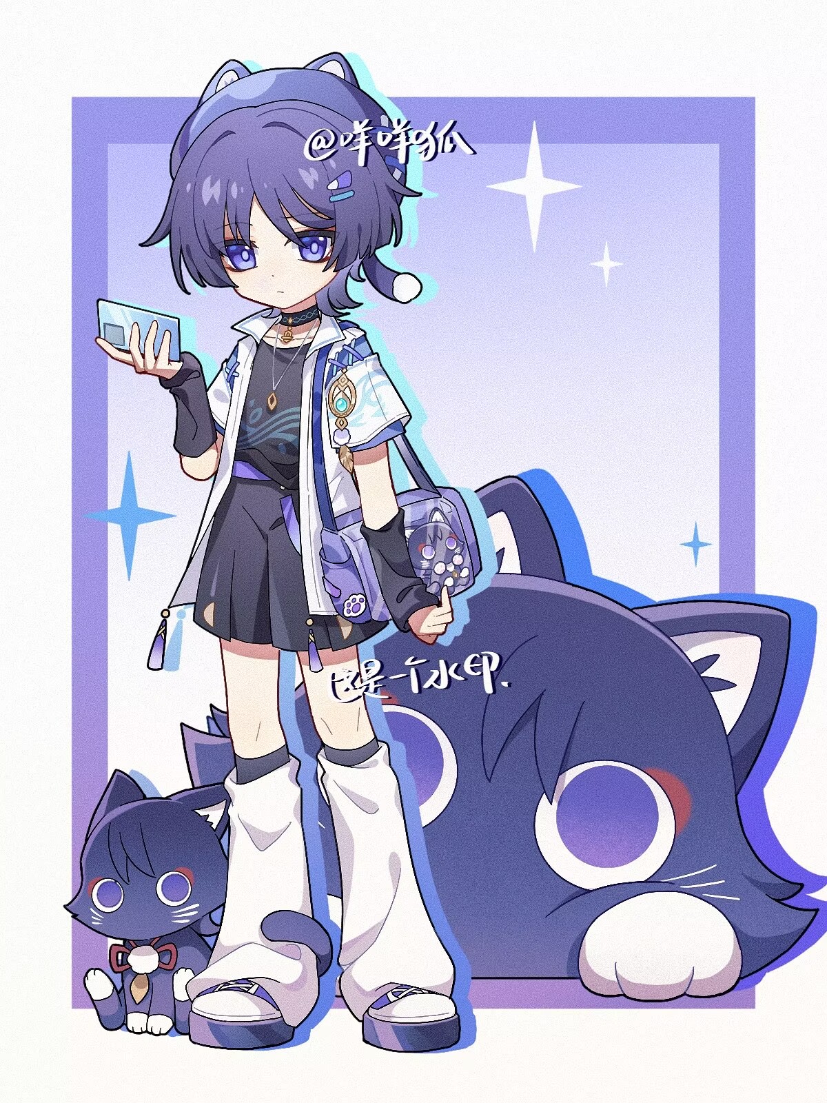 mohu 116, scaramouche (cat) (genshin impact), scaramouche (genshin impact), wanderer (genshin impact), genshin impact, highres, 1boy, alternate costume, animal hat, animalization, arm at side, bag, belt, beret, black arm warmers, black shirt, black shorts, black socks, blue gemstone, blunt ends, border, casual, cat, cat hat, cellphone, closed mouth, clothing cutout, coat, collared coat, contemporary, cross-laced clothes, cross-laced shoes, cross-laced sleeves, drop shadow, expressionless, eyeliner, eyeshadow, feathers, full body, furrowed brow, gem, gold, hakama, hakama shorts, hand up, hat, holding, holding phone, japanese clothes, kneehighs, layered sleeves, leg warmers, looking at viewer, makeup, male focus, person and animalization, phone, pleated shorts, pom pom (clothes), purple background, purple bag, purple belt, purple cat, purple eyes, purple hair, purple hat, purple pupils, purple sleeves, red eyeliner, red eyeshadow, shirt, shoes, short sleeves, shorts, shoulder bag, shoulder cutout, sneakers, socks, solo, standing, stuffed animal, stuffed toy, tassel, undershirt, vision (genshin impact), white border, white coat, white leg warmers, white shoes, white sleeves, wispy bangs, yellow feathers