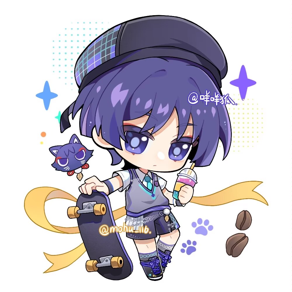mohu 116, scaramouche (cat) (genshin impact), scaramouche (genshin impact), wanderer (genshin impact), wanderer (mega mgc coffee) (genshin impact), genshin impact, 1boy, animalization, aqua trim, beret, black hat, black shoes, black shorts, blunt ends, cat, chibi, closed mouth, coffee beans, collared shirt, colored eyelashes, contemporary, cross-laced shoes, cup, disembodied head, disposable cup, drinking straw, expressionless, eyeliner, eyeshadow, feathers, full body, grey socks, grey sweater vest, hat, holding, holding cup, holding skateboard, looking at viewer, makeup, male focus, official alternate costume, paw print, person and animalization, pom pom (clothes), purple cat, purple eyes, purple hair, purple trim, red eyeliner, red eyeshadow, ribbon, school uniform, shirt, shoes, short sleeves, shorts, skateboard, sneakers, socks, solo, sparkle, string, sweater vest, twitter username, white background, white shirt, white sleeves, wispy bangs, wristband, yellow feathers, yellow ribbon