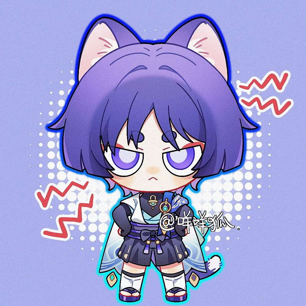 mohu 116, scaramouche (genshin impact), wanderer (genshin impact), genshin impact, 1boy, :<, animal ears, belt, black belt, black bodysuit, black bow, black bridal gauntlets, black shorts, blue cape, blue gemstone, blue kimono, blue sleeves, blunt ends, blush, bodysuit, bow, bridal gauntlets, cape, cat boy, cat ears, cat tail, chibi, closed mouth, dilated pupils, eyeliner, eyeshadow, feathers, frown, furisode, gem, hair intakes, hakama, hakama shorts, hands on own hips, japanese clothes, juban, kimono, layered sleeves, leg warmers, looking at viewer, makeup, male focus, multicolored outline, open clothes, open kimono, pleated shorts, pom pom (clothes), purple background, purple eyes, purple hair, purple sandals, purple sash, red eyeliner, red eyeshadow, sandals, sash, short eyebrows, short sleeves, shorts, shoulder peek, solo, standing, straight-on, tail, tassel, toeless legwear, twitter username, vision (genshin impact), white kimono, white leg warmers, white sleeves, white trim, wispy bangs, yellow feathers, zouri