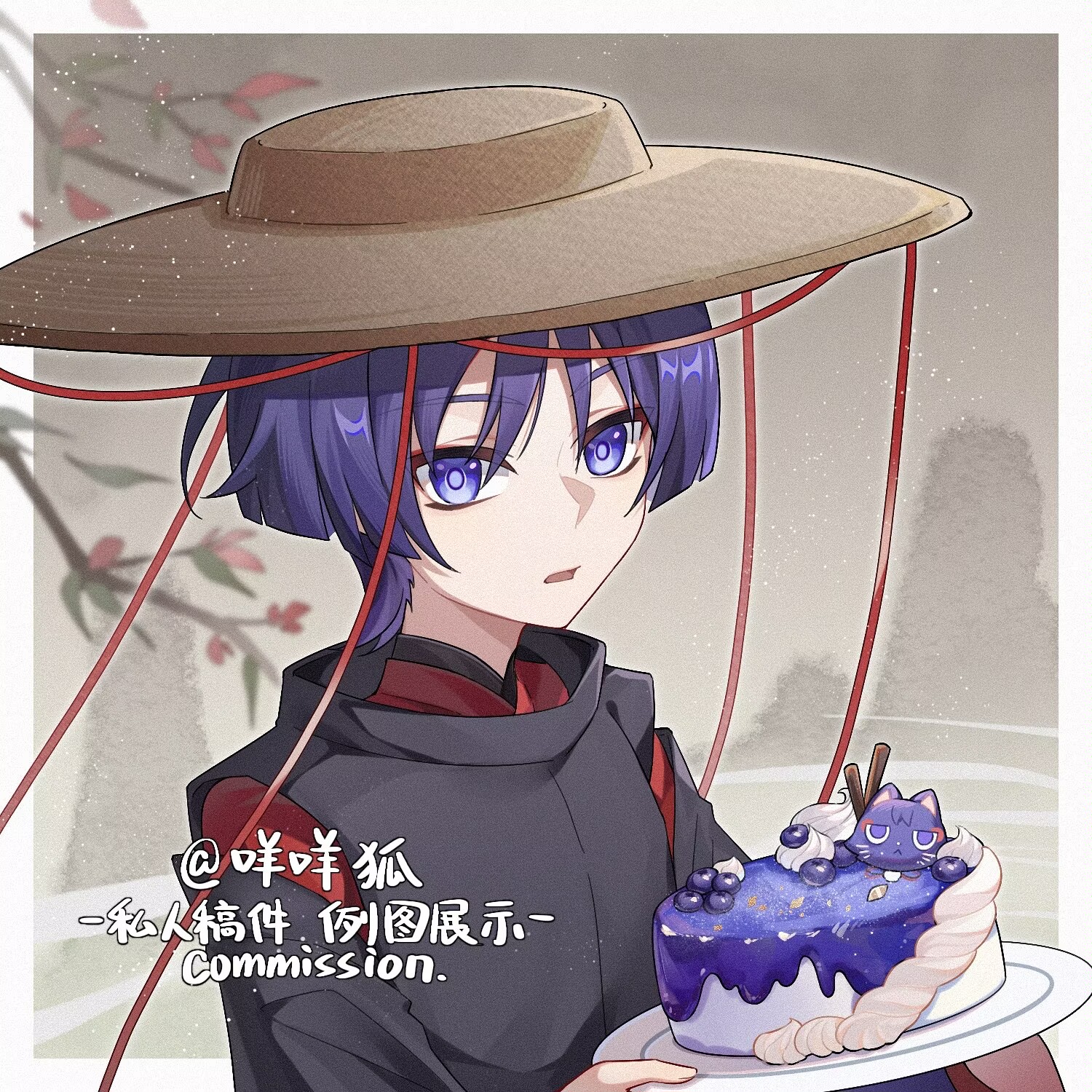mohu 116, kuronushi (genshin impact), scaramouche (cat) (genshin impact), scaramouche (genshin impact), genshin impact, commission, highres, 1boy, black sleeves, blunt ends, border, brown background, cake, eyeliner, eyeshadow, food, holding, holding plate, ichimegasa, japanese clothes, kariginu, kimono, layered sleeves, long sleeves, looking at viewer, makeup, male focus, open mouth, outdoors, plate, portrait, purple eyes, purple hair, purple pupils, red eyeliner, red eyeshadow, red kimono, red sleeves, solo, tsurime, twitter username, white border, wispy bangs