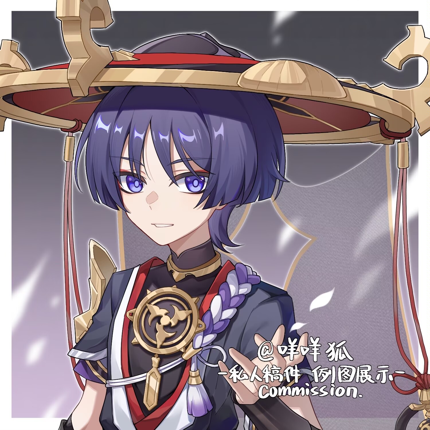 mohu 116, scaramouche (genshin impact), genshin impact, commission, highres, 1boy, armor, black bodysuit, black kimono, black mask, black sleeves, blunt ends, bodysuit, border, eyeliner, eyeshadow, falling petals, gold, gold trim, grey background, hand up, hat, japanese armor, japanese clothes, jewelry, jingasa, juban, kimono, kote, kurokote, layered sleeves, looking at viewer, makeup, male focus, mandarin collar, mask on hat, mitsudomoe (shape), neck ring, open clothes, open kimono, parted lips, petals, purple eyes, purple hair, purple pupils, purple rope, purple sleeves, red eyeliner, red eyeshadow, red hat, red kimono, rope, shimenawa, short sleeves, single sode, smile, solo, tassel, tomoe (symbol), tsurime, twitter username, white border, white kimono, white mouth, white petals, white rope, wispy bangs