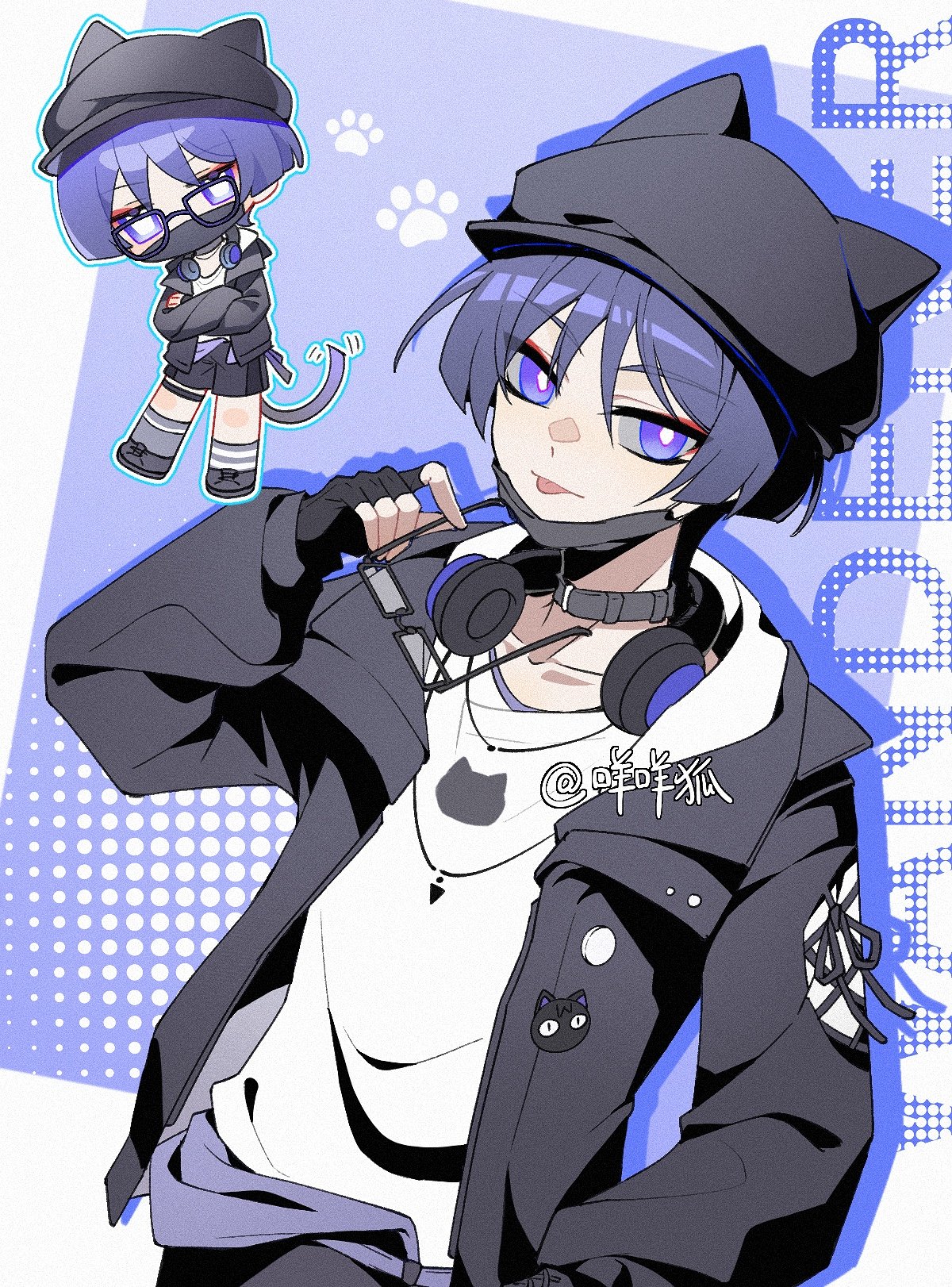 mohu 116, scaramouche (genshin impact), wanderer (genshin impact), genshin impact, highres, 1boy, alternate costume, animal ear headwear, animal ears, arm at side, belt, belt collar, beret, bespectacled, black-framed eyewear, black belt, black collar, black gloves, black hat, black jacket, black mask, black shoes, black shorts, black sleeves, blunt ends, border, bright pupils, casual, cat boy, cat ears, cat tail, character name, chibi, chibi inset, collar, collarbone, contemporary, cross-laced clothes, cross-laced sleeves, crossed arms, dilated pupils, drop shadow, eyeliner, eyeshadow, fake animal ears, fingerless gloves, glasses, gloves, grey socks, hand up, hat, headphones, headphones around neck, holding, holding removed eyewear, jacket, layered collar, long sleeves, looking at viewer, makeup, male focus, mask, mask pull, mismatched socks, mouth mask, open clothes, open jacket, paw print, purple background, purple eyes, purple hair, red eyeliner, red eyeshadow, shirt, shoes, shorts, socks, solo, striped clothes, striped socks, tail, thigh strap, tongue, tongue out, tsurime, undershirt, unworn eyewear, white border, white pupils, white shirt