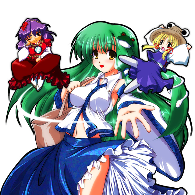 oushi, kochiya sanae, moriya suwako, yasaka kanako, touhou, 3girls, :d, blonde hair, breasts, brooch, chibi, detached sleeves, extra eyes, female focus, frog hair ornament, gem, hair ornament, hat, hip focus, indian style, jewelry, looking at viewer, midriff, multiple girls, navel, nontraditional miko, open mouth, purple hair, simple background, sitting, smile, spread legs, stomach, vest, white background