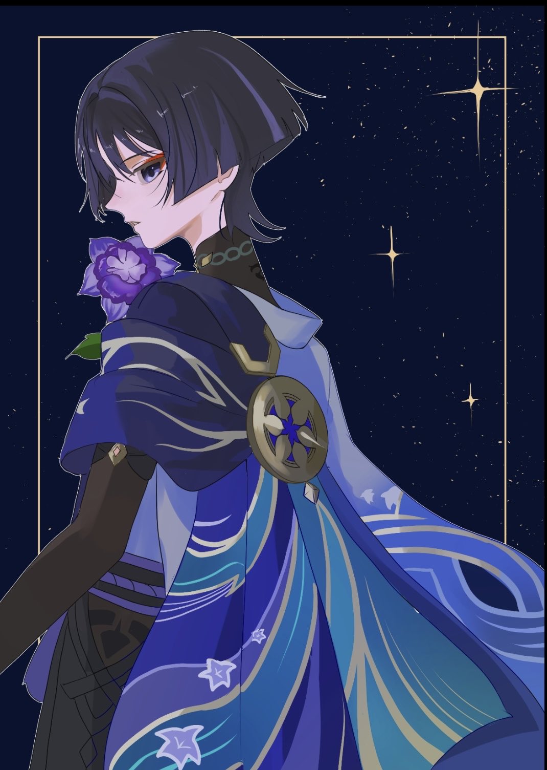 meppe me, scaramouche (genshin impact), wanderer (genshin impact), genshin impact, highres, 1boy, animal print, belt, bird print, black belt, black bridal gauntlets, black hair, black shorts, blue cape, blunt ends, bridal gauntlets, cape, clothing cutout, eyeliner, eyeshadow, flower, from side, furisode, hip vent, japanese clothes, kimono, looking at viewer, makeup, male focus, multicolored hair, open mouth, purple eyes, purple flower, purple hair, purple rope, purple sash, red eyeliner, red eyeshadow, rope, sash, shorts, sideways glance, solo, star (sky), starry sky background, streaked hair, sumeru rose (genshin impact), tsurime, white kimono, white mouth, white trim, wispy bangs