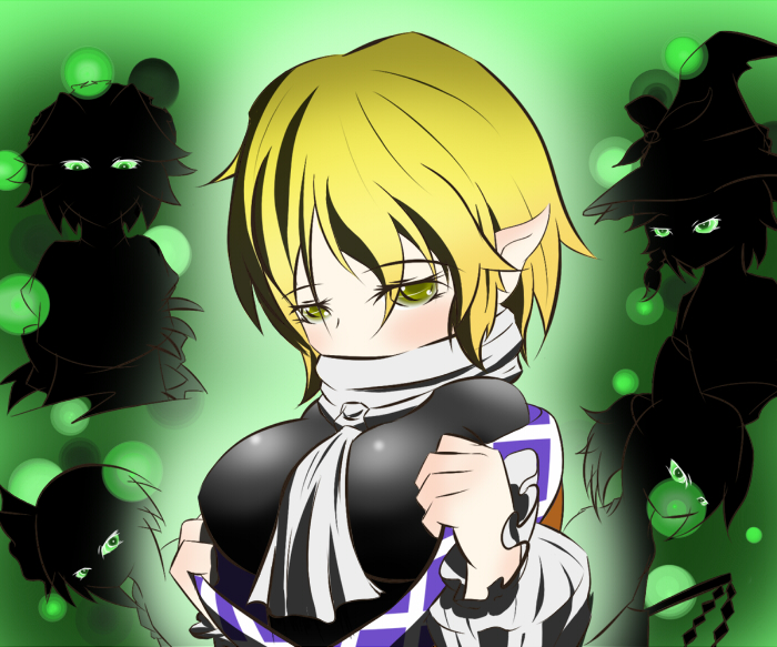 hakurei reimu, izayoi sakuya, kirisame marisa, konpaku youmu, mizuhashi parsee, touhou, 5girls, blonde hair, bodysuit, breast envy, breasts, female focus, green eyes, multiple girls, open clothes, open shirt, pointy ears, scarf, shirt, short hair, silhouette