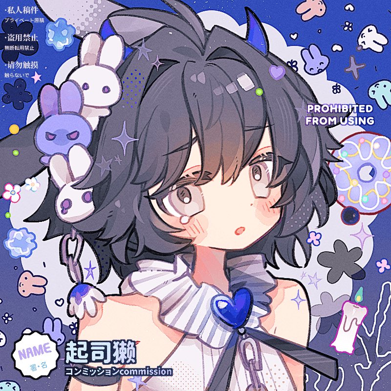 mirta, original, commentary, commission, symbol-only commentary, 1girl, artist name, black hair, blue background, blue horns, blush stickers, hair ornament, horns, looking at viewer, open mouth, pink eyes, portrait, rabbit hair ornament, shirt, short hair, sleeveless, sleeveless shirt, solo, teardrop, watermark, white shirt