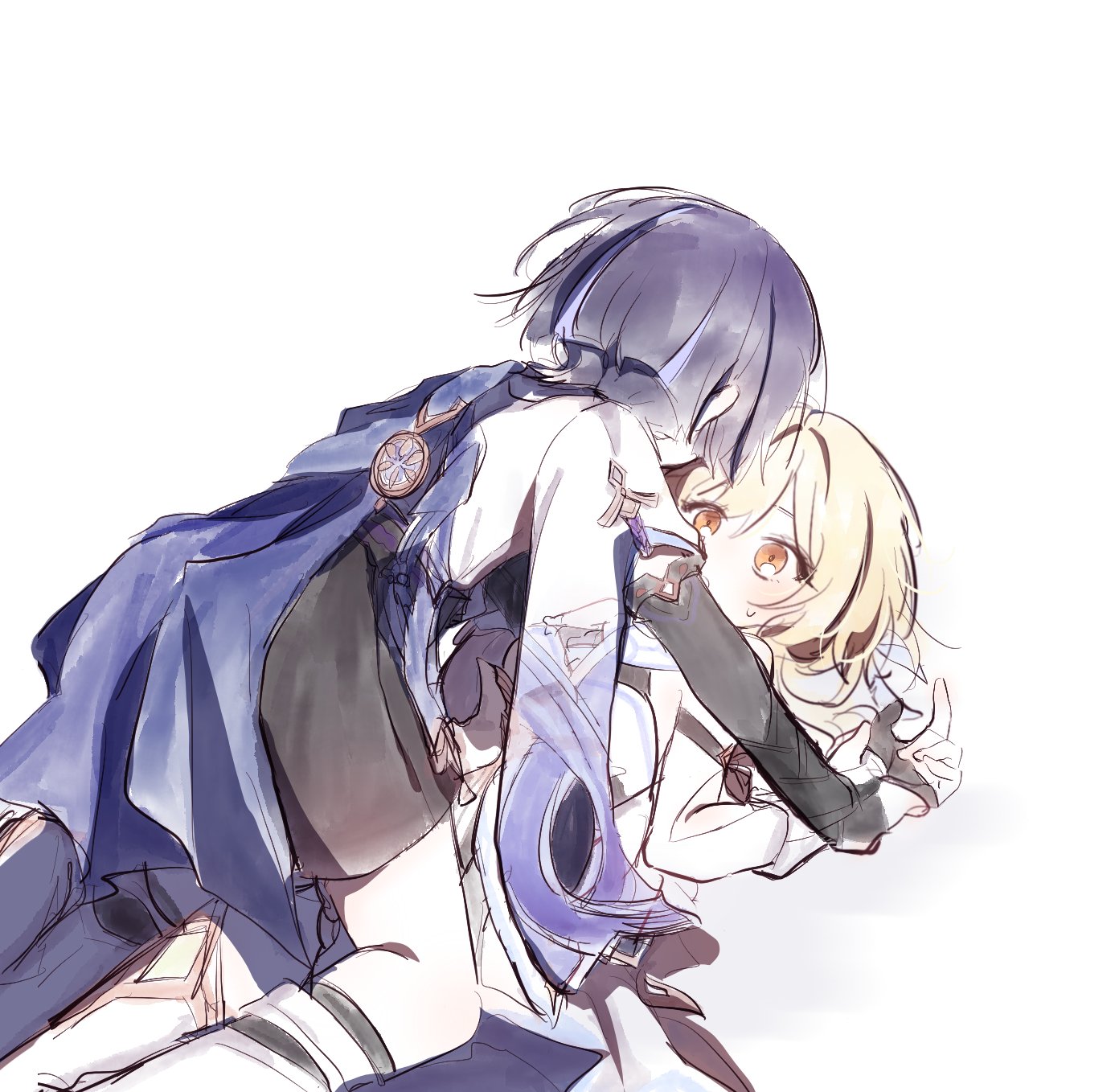 wonla8, lumine (genshin impact), scaramouche (genshin impact), wanderer (genshin impact), genshin impact, highres, 1boy, 1girl, arm cutout, belt, black belt, black gloves, black hair, black shorts, blonde hair, blue cape, blue sleeves, blue trim, blunt ends, blush, boy on top, breasts, brown eyes, cape, clothing cutout, curled fingers, detached sleeves, dress, facing another, furisode, gem, gloves, green gemstone, halterneck, hetero, holding another's wrist, japanese clothes, kimono, layered sleeves, leg warmers, looking at viewer, lying, multicolored hair, on back, partially fingerless gloves, purple hair, purple rope, rope, scarf, short hair, short hair with long locks, short sleeves, shorts, sidelocks, sketch, small breasts, streaked hair, sweatdrop, thighhighs, vambraces, white background, white dress, white kimono, white leg warmers, white scarf, white sleeves, white thighhighs, wide-eyed, yukadon