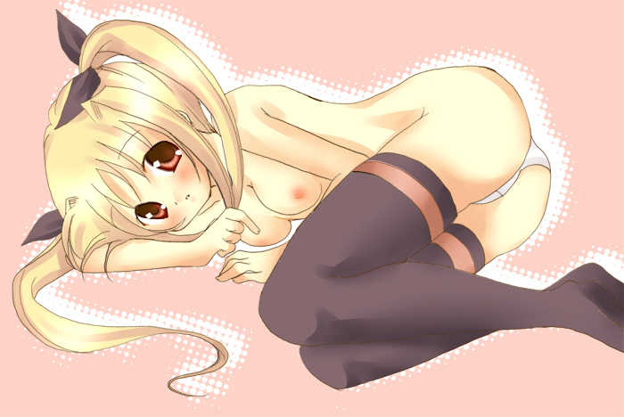 yamada konayuki, fate testarossa, lyrical nanoha, mahou shoujo lyrical nanoha, 00s, 1girl, ass, blonde hair, blush, breasts, female focus, long hair, lying, nipples, panties, red eyes, small breasts, solo, thighhighs, topless female, twintails, underwear, underwear only, white panties