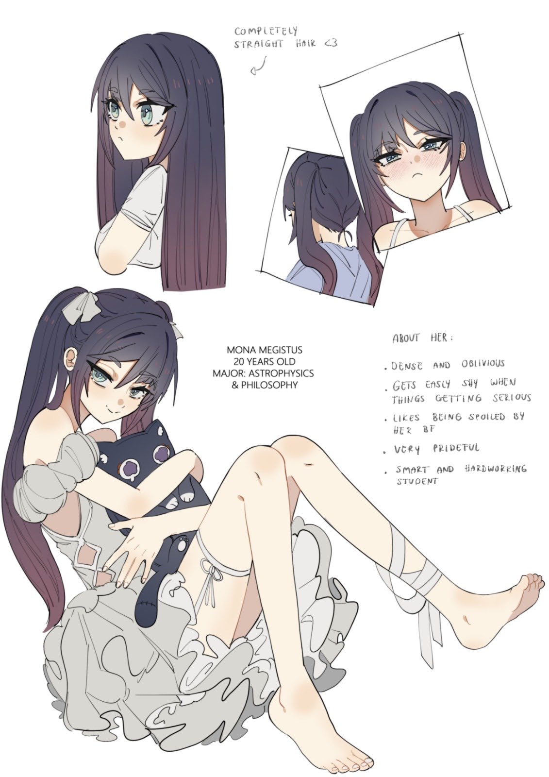ysnden, mona (genshin impact), scaramouche (cat) (genshin impact), scaramouche (genshin impact), genshin impact, highres, 1girl, alternate costume, alternate universe, aqua eyes, asymmetrical bangs, bare shoulders, barefoot, black hair, blunt bangs, blush, bow, casual, character profile, closed mouth, clothing cutout, collarbone, contemporary, cropped torso, detached sleeves, dress, eyelashes, facing to the side, fingernails, foot up, formal clothes, frilled dress, frills, full body, gradient hair, grey shirt, hair between eyes, hair bow, hair down, hair pulled back, half-closed eyes, holding, holding stuffed toy, hugging object, leaning back, long hair, looking at viewer, looking to the side, multicolored hair, official alternate hairstyle, parted bangs, pink hair, puffy sleeves, shirt, short eyebrows, short sleeves, side cutout, sidelocks, smile, solo, spaghetti strap, stuffed animal, stuffed toy, thigh strap, toenails, toes, twintails, white background, white bow, white dress, white sleeves