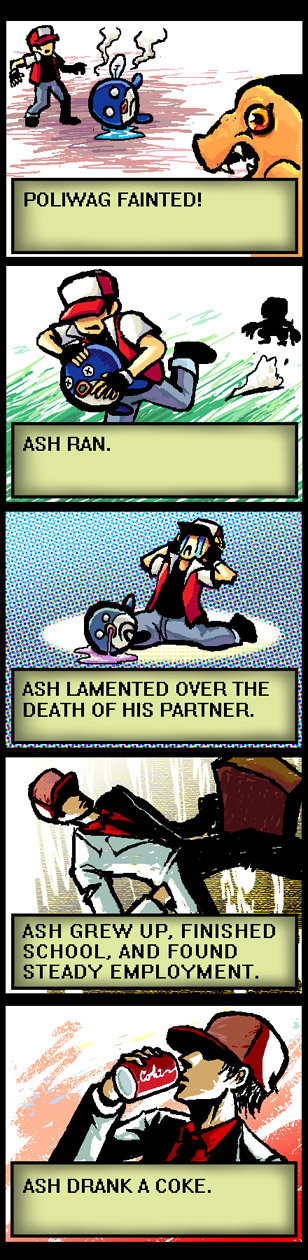 ash ketchum, poliwag, coca-cola, digimon, nintendo, pokemon, pokemon (anime), highres, long image, tall image, comic, gen 1 pokemon, pokemon (creature)