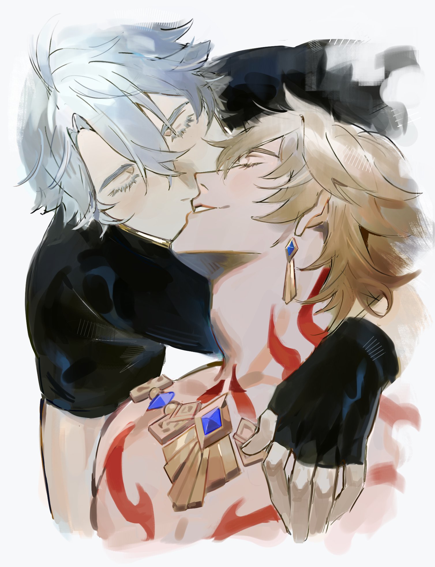 mydei (honkai: star rail), phainon (honkai: star rail), honkai: star rail, honkai (series), commentary, english commentary, highres, 2boys, antenna hair, arm tattoo, black choker, black shirt, blonde hair, braid, chest tattoo, choker, closed eyes, earrings, facial tattoo, gold earrings, gold necklace, gradient hair, hand on another's shoulder, jewelry, kiss, male focus, medium hair, multicolored hair, multiple boys, necklace, parted bangs, quackykwekk, red hair, red tattoo, shirt, short hair, short sleeves, side braid, simple background, tattoo, white background, white hair, yaoi
