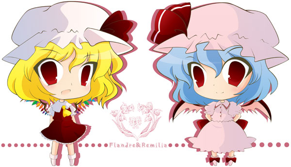 sakaki (pixiv86696), sakaki (sakaking), flandre scarlet, remilia scarlet, touhou, 2girls, bat wings, blonde hair, blue hair, chibi, female focus, hat, multiple girls, red eyes, short hair, siblings, sisters, wings