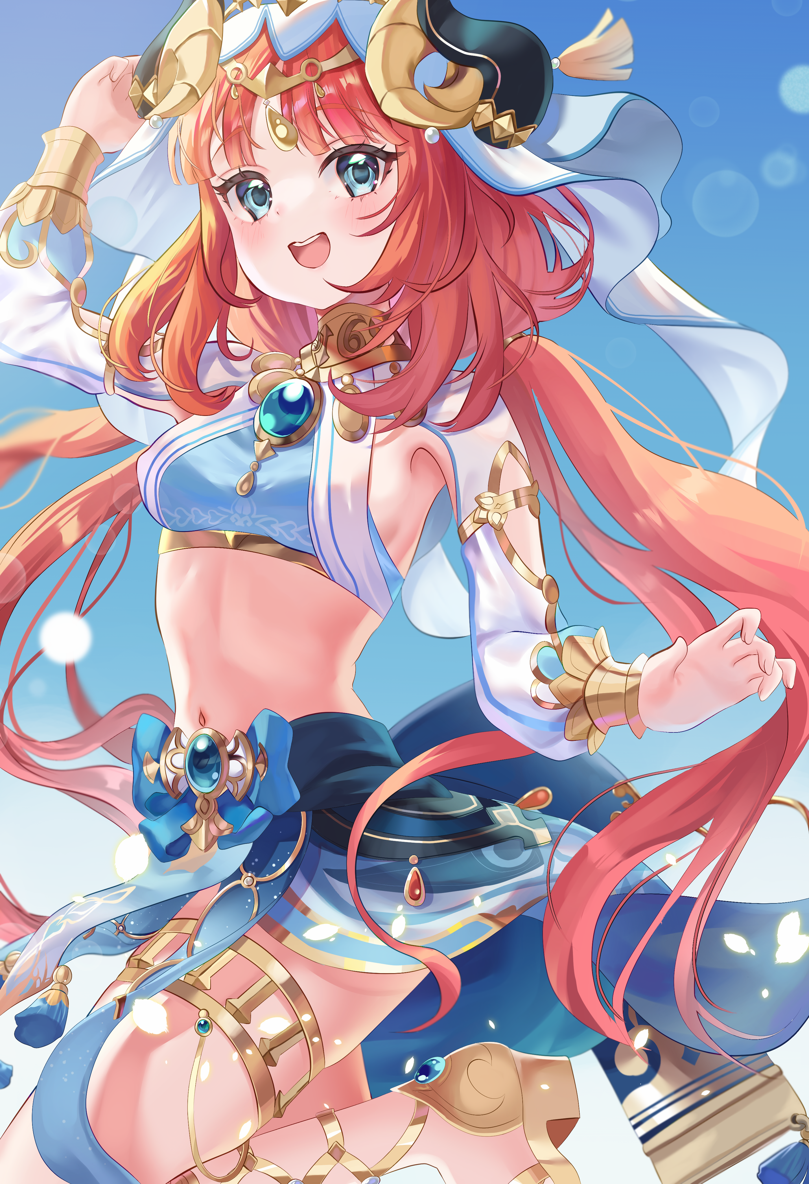hitoha koduku, nilou (genshin impact), genshin impact, absurdres, highres, 1girl, blue skirt, blush, breasts, fake horns, gold thighlet, green eyes, harem outfit, horns, jewelry, long hair, long sleeves, looking at viewer, medium breasts, navel, open mouth, red hair, skirt, smile, solo, stomach, thighlet, very long hair