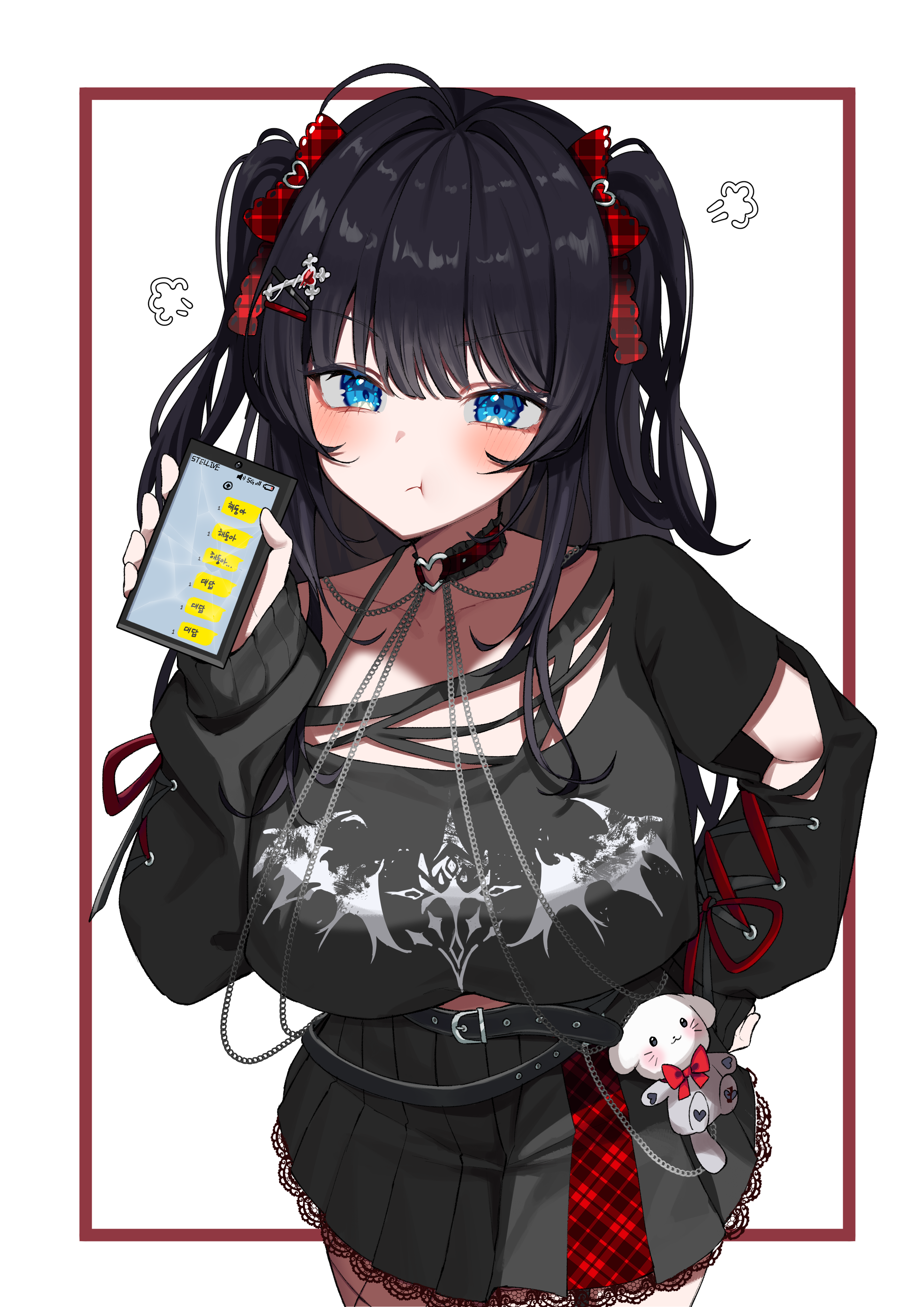 jinggun, shirayuki hina, stellive, absurdres, commentary, highres, symbol-only commentary, 1girl, :t, ahoge, belt, belt pouch, black belt, black choker, black hair, blue eyes, blush, breasts, cellphone, chain, choker, closed mouth, clothing cutout, collarbone, cross-laced clothes, fishnet pantyhose, fishnets, haedungi (shirayuki hina), hair intakes, hair ornament, hand on own hip, hand up, heart, heart choker, heart hair ornament, holding, holding phone, inset border, lace, lace-trimmed skirt, lace trim, large breasts, long hair, long sleeves, looking at viewer, miniskirt, pantyhose, phone, pouch, print shirt, shirt, simple background, single-shoulder shirt, single bare shoulder, skirt, smartphone, solo, standing, text messaging, thighs, two side up, unmoving pattern, very long hair, virtual youtuber, white background