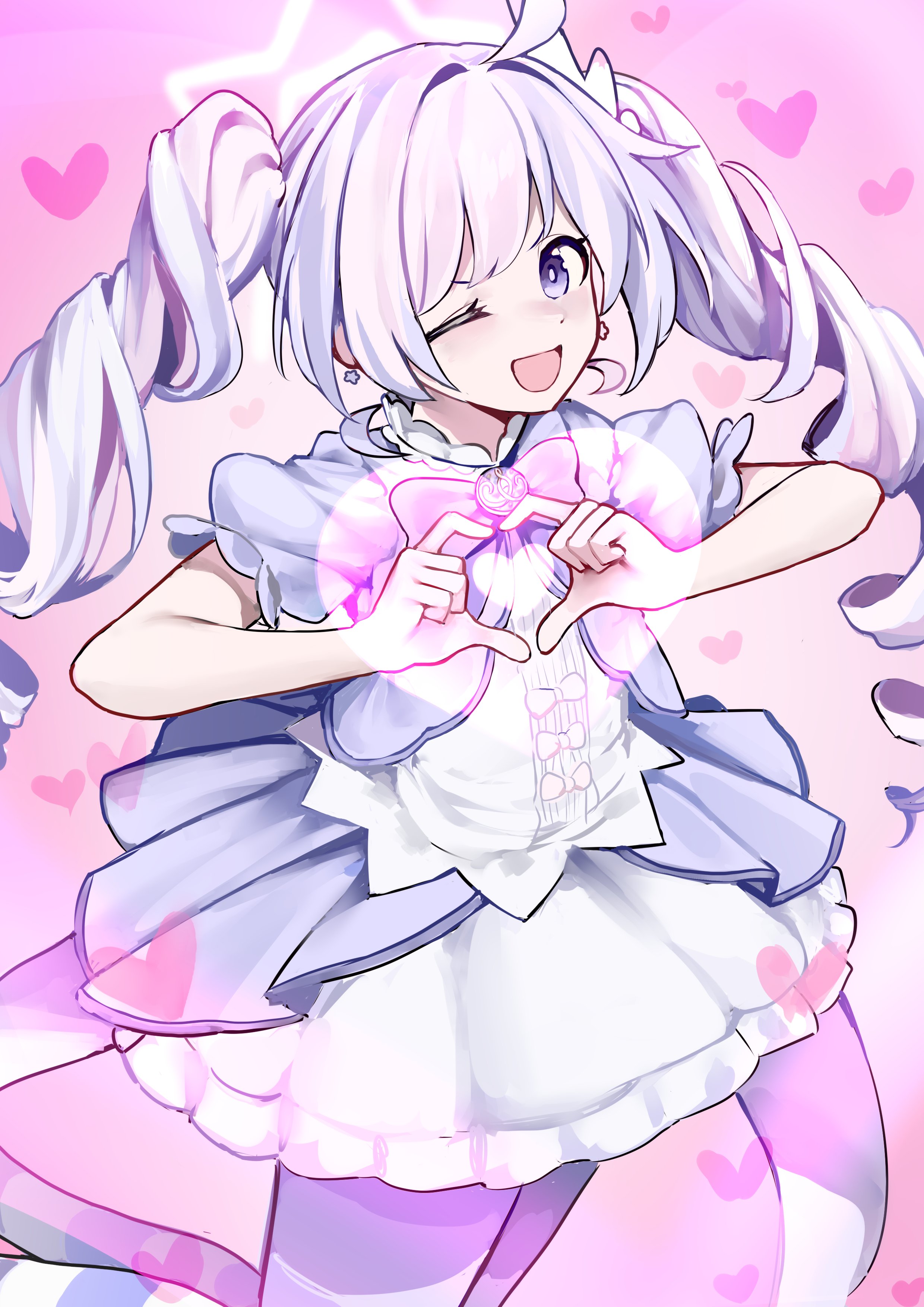 remise, reisa (blue archive), reisa (magical) (blue archive), blue archive, absurdres, highres, 1girl, ahoge, cowboy shot, dress, earrings, halo, heart, heart hands, jewelry, long hair, looking at viewer, one eye closed, open mouth, pantyhose, pink hair, purple eyes, purple hair, short sleeves, smile, solo, star halo, striped clothes, striped pantyhose, twintails