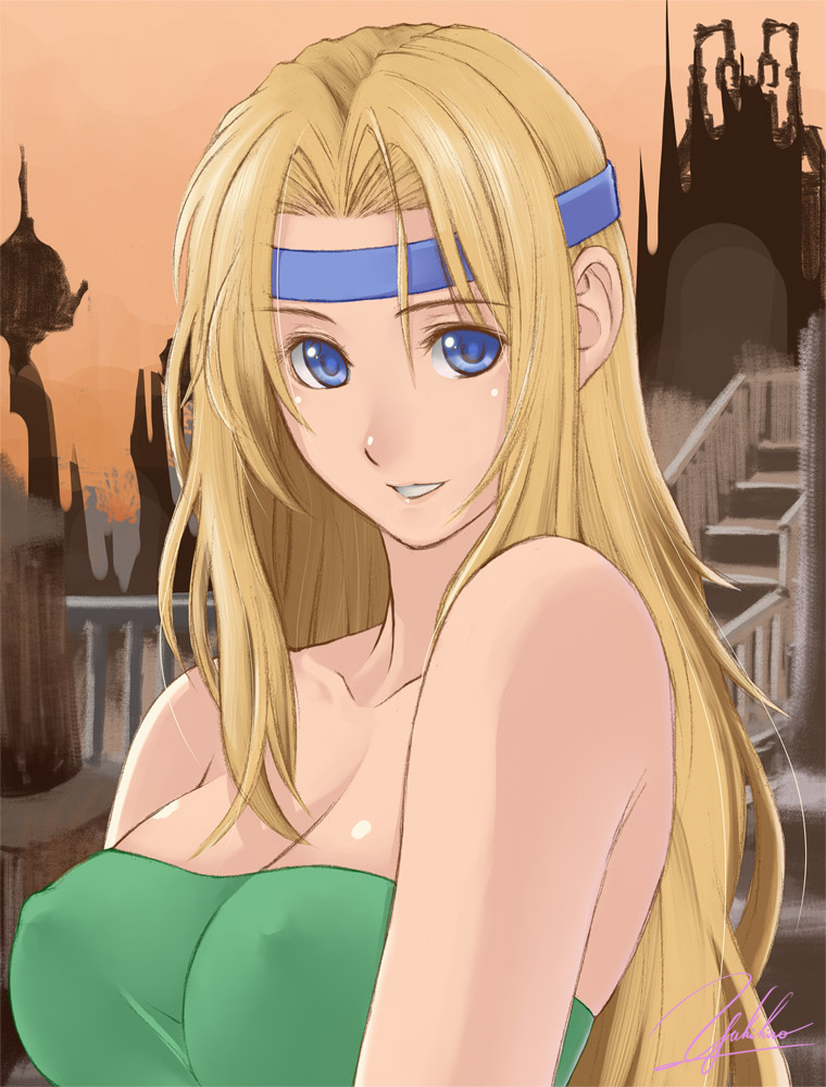 yukihiro, celes chere, final fantasy, final fantasy vi, 1990s (style), 1girl, bare shoulders, blonde hair, blue eyes, breasts, covered erect nipples, female focus, headband, long hair, nipples, outdoors, signature, sketch, sky, smile, solo