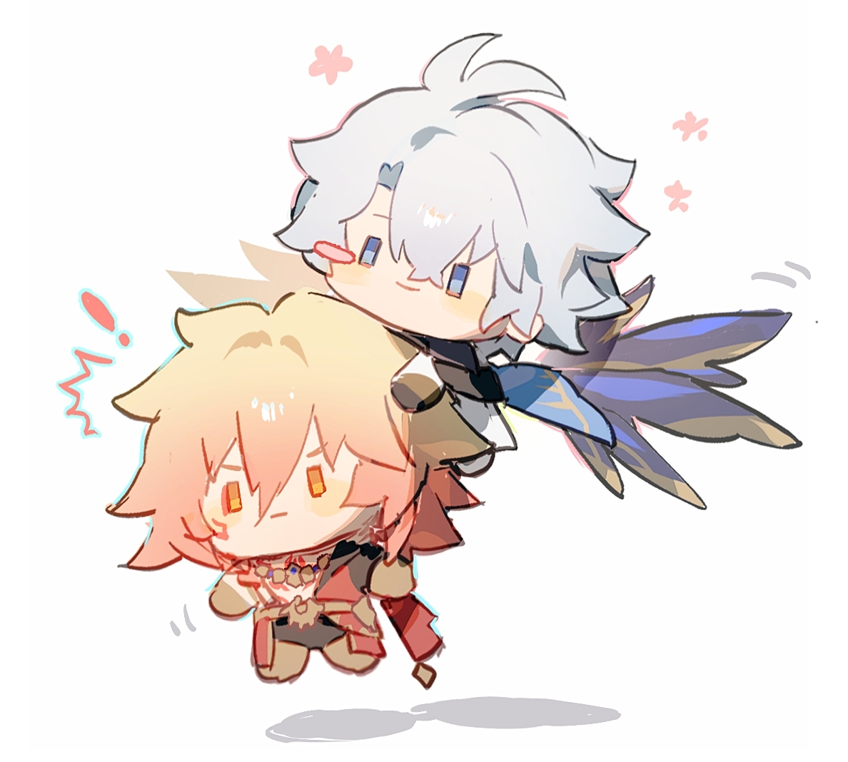 suirandanshihao, mydei (honkai: star rail), phainon (honkai: star rail), honkai: star rail, honkai (series), 2boys, antenna hair, arm tattoo, armlet, black choker, black coat, black shirt, blonde hair, blue cape, blue eyes, braid, cape, character doll, chest tattoo, chibi, choker, clawed gauntlets, coat, doll, facial tattoo, flying, gold necklace, gradient hair, jewelry, male focus, medium hair, mini person, miniboy, multicolored hair, multiple boys, neck tattoo, necklace, open clothes, open coat, parted bangs, red hair, red tattoo, shirt, short hair, side braid, simple background, sun symbol, sun tattoo, tan, tattoo, white background, white coat, white hair, wings, yellow eyes