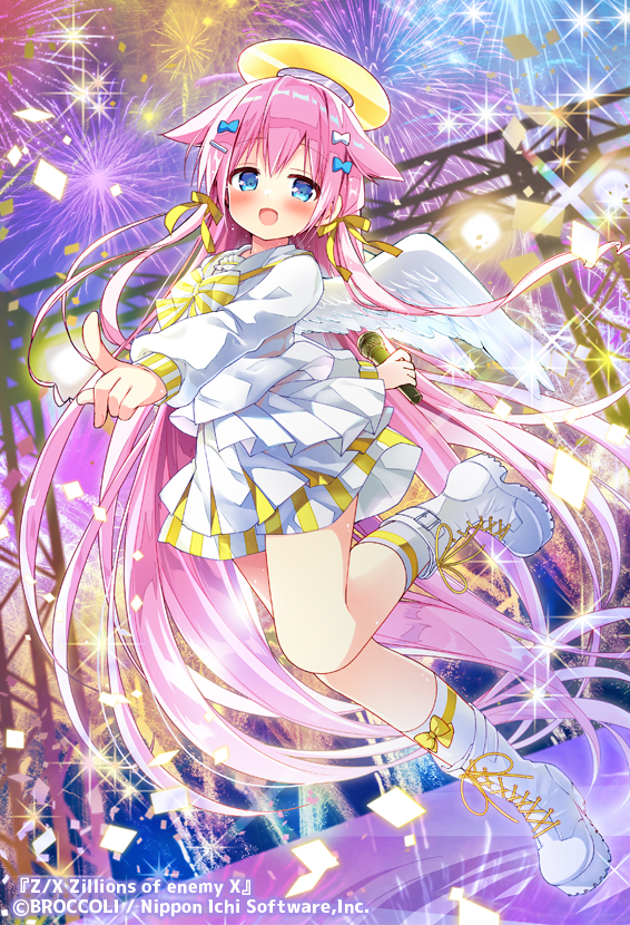 nagayama yuunon, z/x, official art, 1girl, aerial fireworks, blue bow, blue eyes, boots, bow, bow legwear, bowtie, concert, confetti, copyright notice, feathered wings, fireworks, hair bow, hair ornament, hair ribbon, hairpin, halo, holding, holding microphone, kneehighs, long hair, looking at viewer, marie (z/x), microphone, night, night sky, open mouth, pink hair, plaid bow, plaid bowtie, plaid clothes, pointing, pointing at viewer, ribbon, shirt, sky, socks, solo, sparkle, stage, standing, standing on one leg, traditional halo, very long hair, white boots, white bow, white shirt, white socks, white wings, wings, yellow bow, yellow ribbon