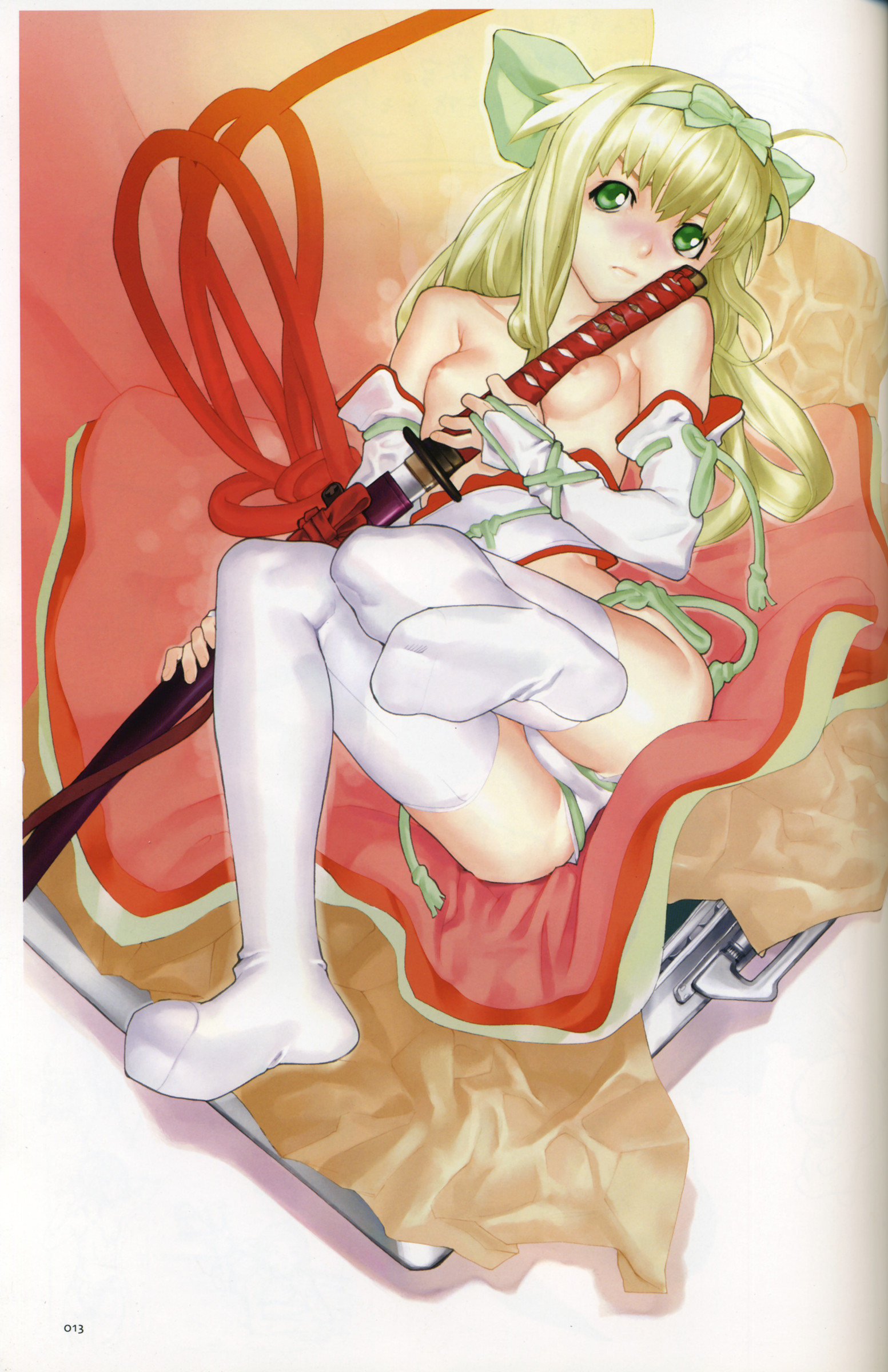 hakua ugetsu, original, absurdres, highres, scan, 1girl, blonde hair, blush, breasts, feet, female focus, green eyes, hairband, katana, legs, long hair, nipples, small breasts, solo, sword, thighhighs, topless female, weapon, white thighhighs