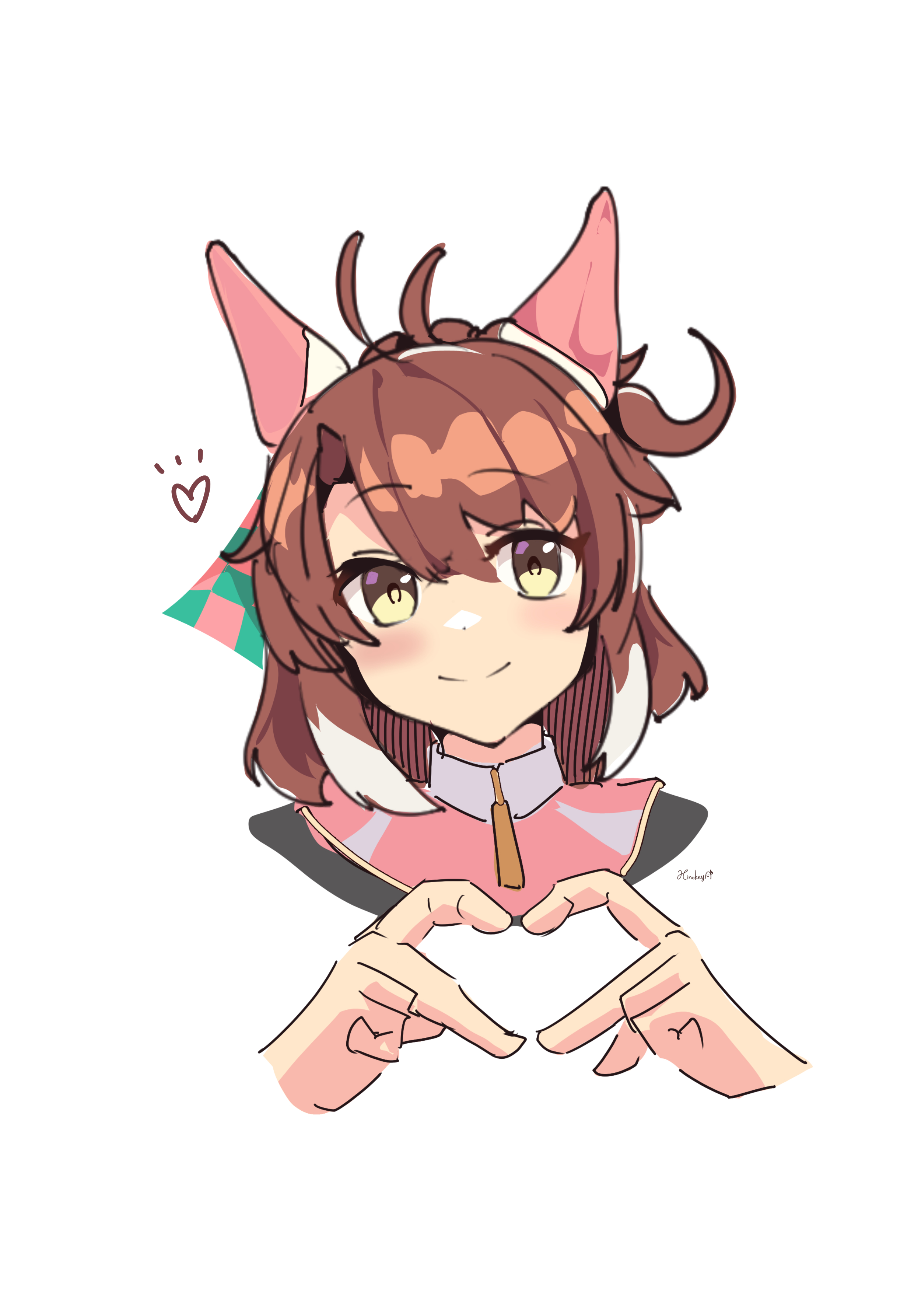 hinokey (hinokey0126), dantsu flame (umamusume), umamusume, absurdres, highres, 1girl, ahoge, animal ears, blush, bow, brown eyes, brown hair, checkered ribbon, closed mouth, dantsu flame (center spotlight) (umamusume), ear covers, ear ornament, ear ribbon, four-finger heart hands, hair between eyes, hair ornament, hairband, heart, heart hands, horse ears, horse girl, looking at viewer, multicolored hair, pink hairband, portrait, shirt, simple background, smile, solo, white background, white hair