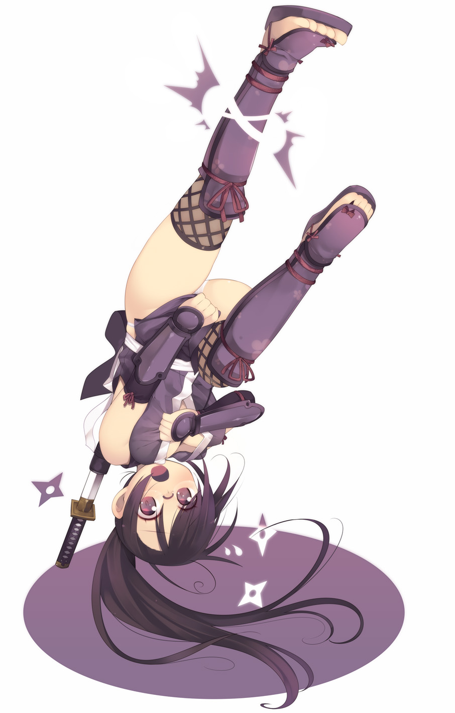 kashiwamochi yomogi, arima senne, original, highres, 1girl, ahoge, covering crotch, covering privates, female focus, glasses, long hair, ninja, no bra, ponytail, purple eyes, purple hair, red eyes, shuriken, solo, sword, weapon