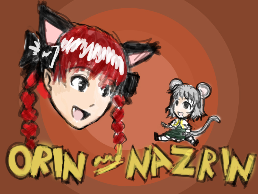 pygmalion (artist), kaenbyou rin, nazrin, tom and jerry, touhou, 2girls, animal ears, braid, cat ears, cat girl, cat tail, fang, female focus, mouse ears, mouse tail, multiple girls, parody, tail, twin braids