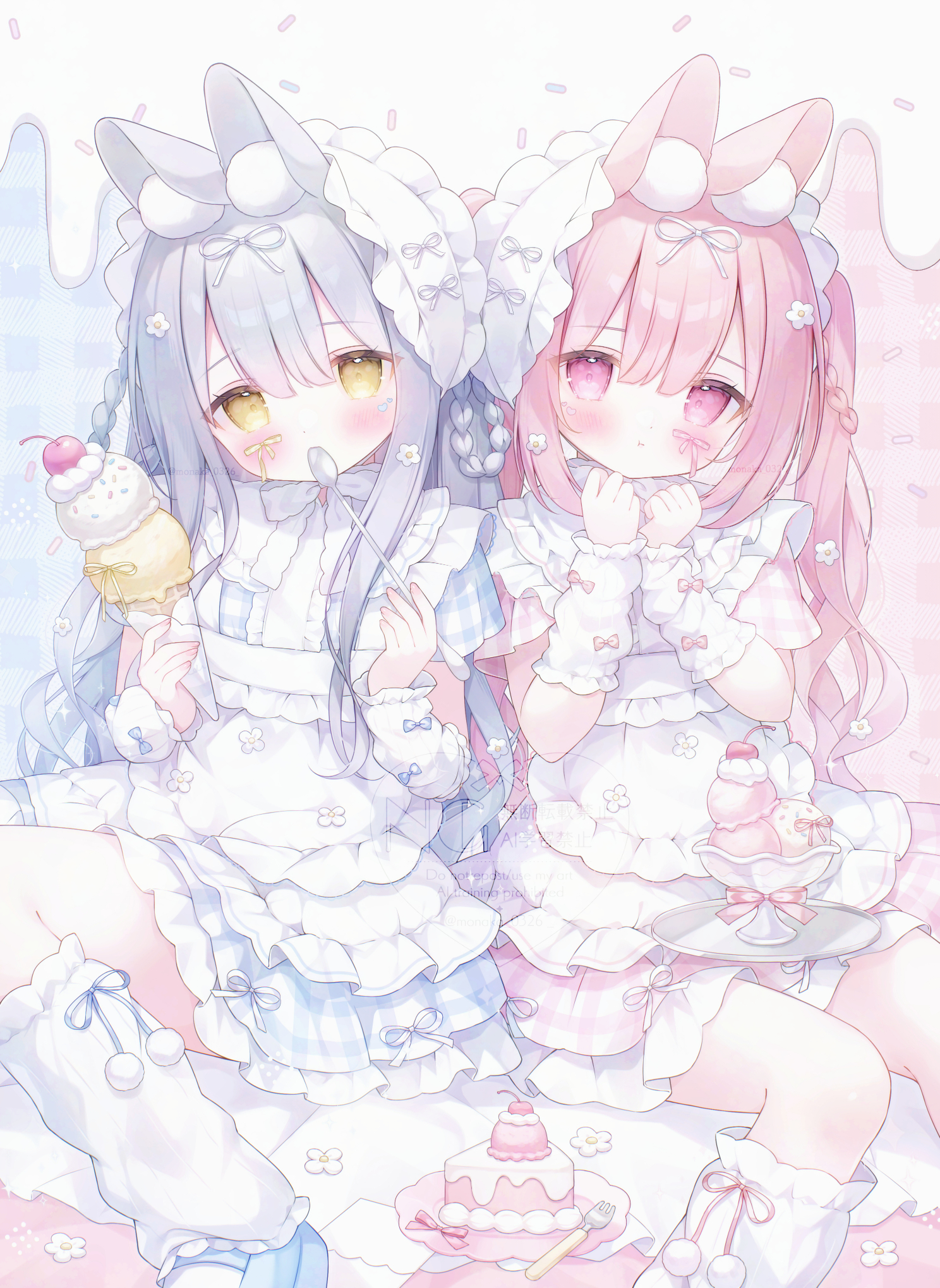 omochi monaka, original, highres, 2girls, animal ear fluff, animal ears, apron, arm warmers, blue hair, blue shoes, blush, cake, cake slice, closed mouth, dress, feet out of frame, food, fork, frilled apron, frilled dress, frills, hands up, hat, holding, holding food, holding ice cream, holding spoon, ice cream, long hair, looking at viewer, multiple girls, pink eyes, pink hair, plate, rabbit ears, rabbit girl, shoes, short sleeves, sitting, socks, spoon, white apron, white dress, white hat, white socks, yellow eyes