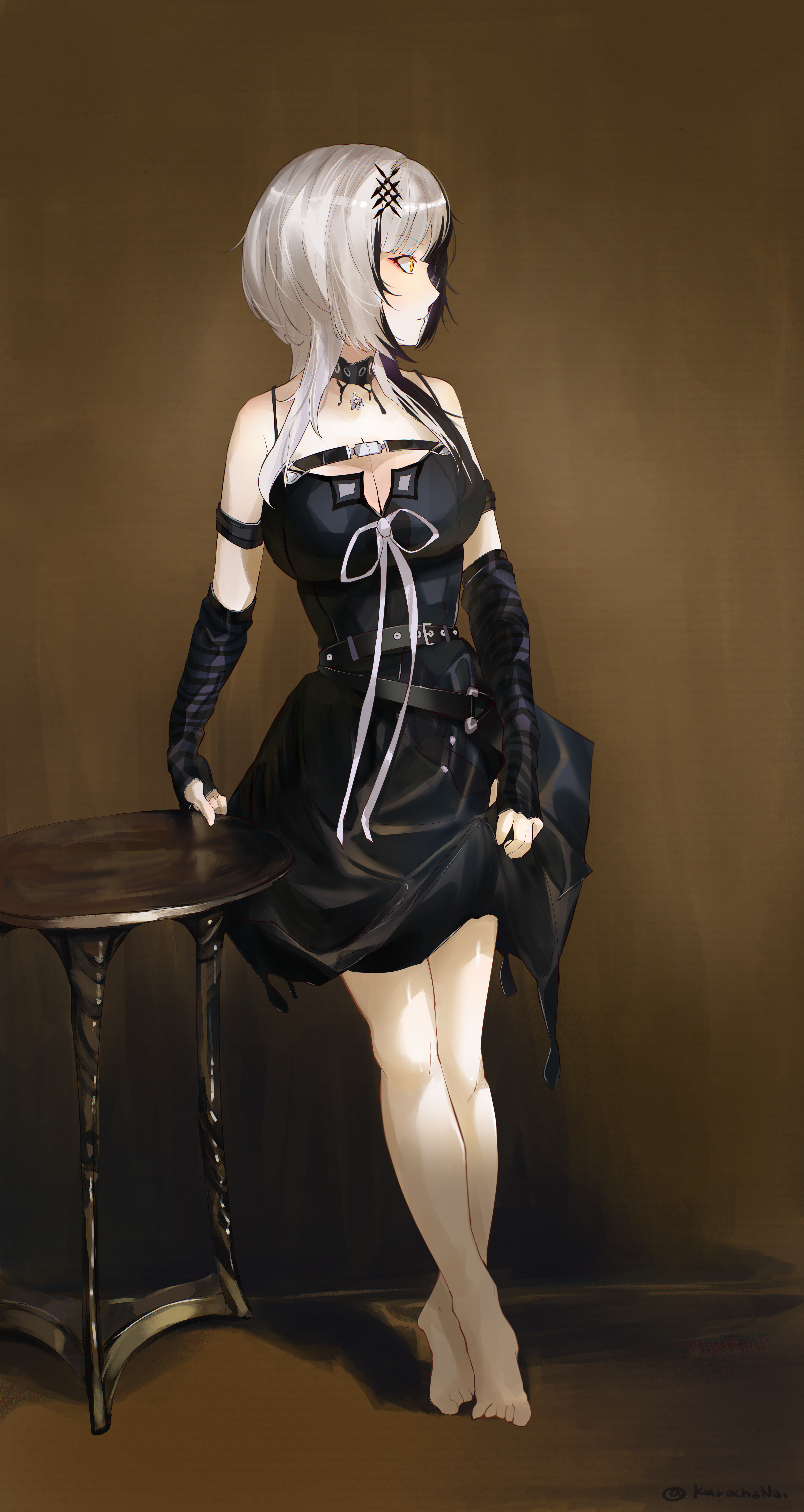 kurochanai, shiori novella, shiori novella (1st costume), hololive, hololive english, absurdres, highres, 1girl, arm strap, barefoot, black arm warmers, black choker, black dress, black hair, breasts, choker, cleavage, dress, full body, large breasts, long hair, multicolored hair, ribbon, solo, split-color hair, standing, striped arm warmers, table, two-tone hair, virtual youtuber, white hair, white ribbon, yellow eyes