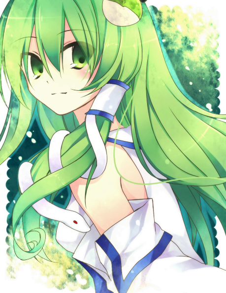 ibara riato, kochiya sanae, touhou, bad id, bad pixiv id, 1girl, detached sleeves, female focus, green eyes, green hair, solo, upper body