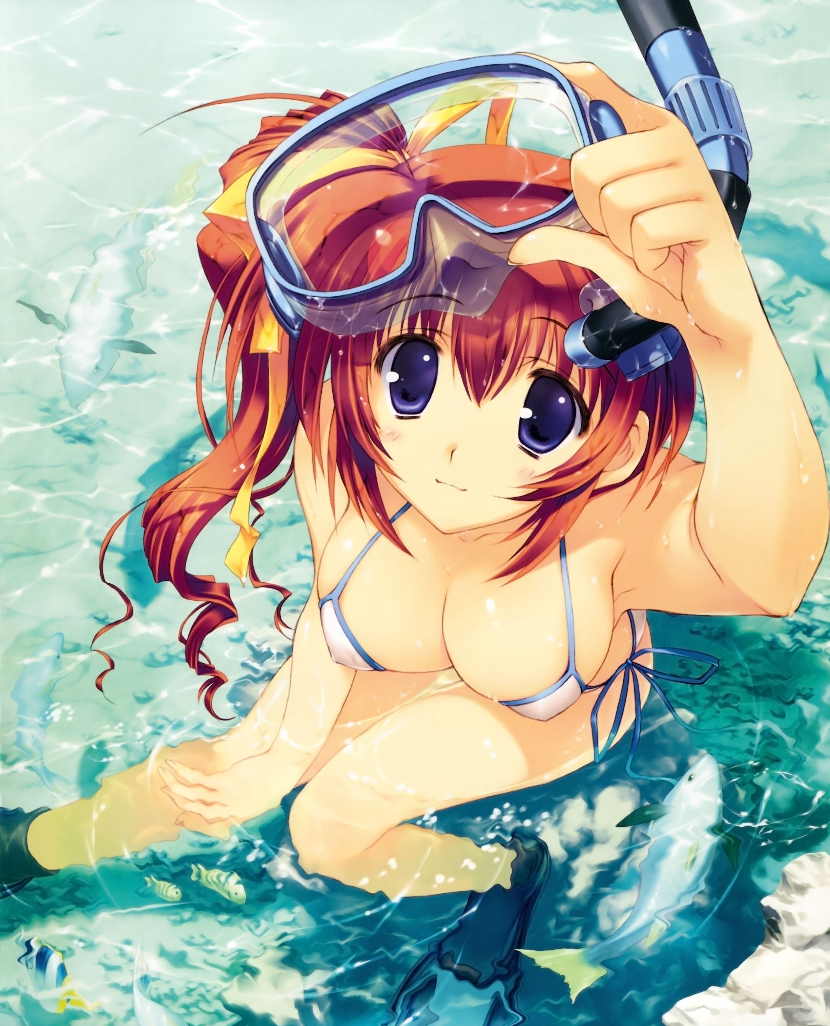 mitsumi misato, takase mizuki, comic party, leaf (studio), striped, absurdres, duplicate, highres, 00s, 1girl, bikini, blue eyes, blush, bow, breasts, cleavage, diving mask, female focus, fish, flippers, goggles, hair ribbon, large breasts, long hair, ponytail, purple eyes, red hair, ribbon, side-tie bikini bottom, side ponytail, snorkel, solo, swimsuit, water, white bikini, yellow bow