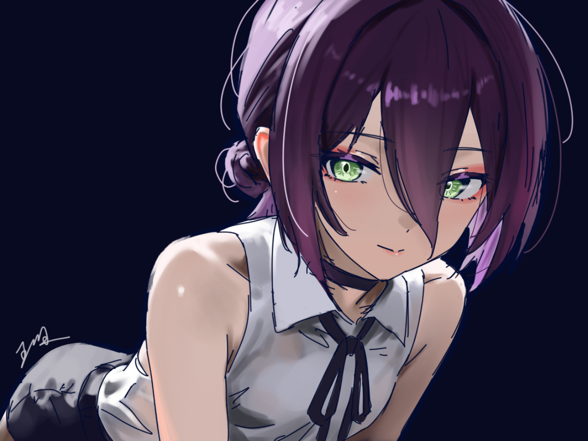 wuhe2233pz, reze (chainsaw man), chainsaw man, 1girl, black background, black choker, black ribbon, black shorts, choker, closed mouth, collared shirt, green eyes, hair between eyes, hair bun, leaning forward, looking at viewer, neck ribbon, purple hair, ribbon, shirt, shorts, sleeveless, sleeveless shirt, solo, white shirt