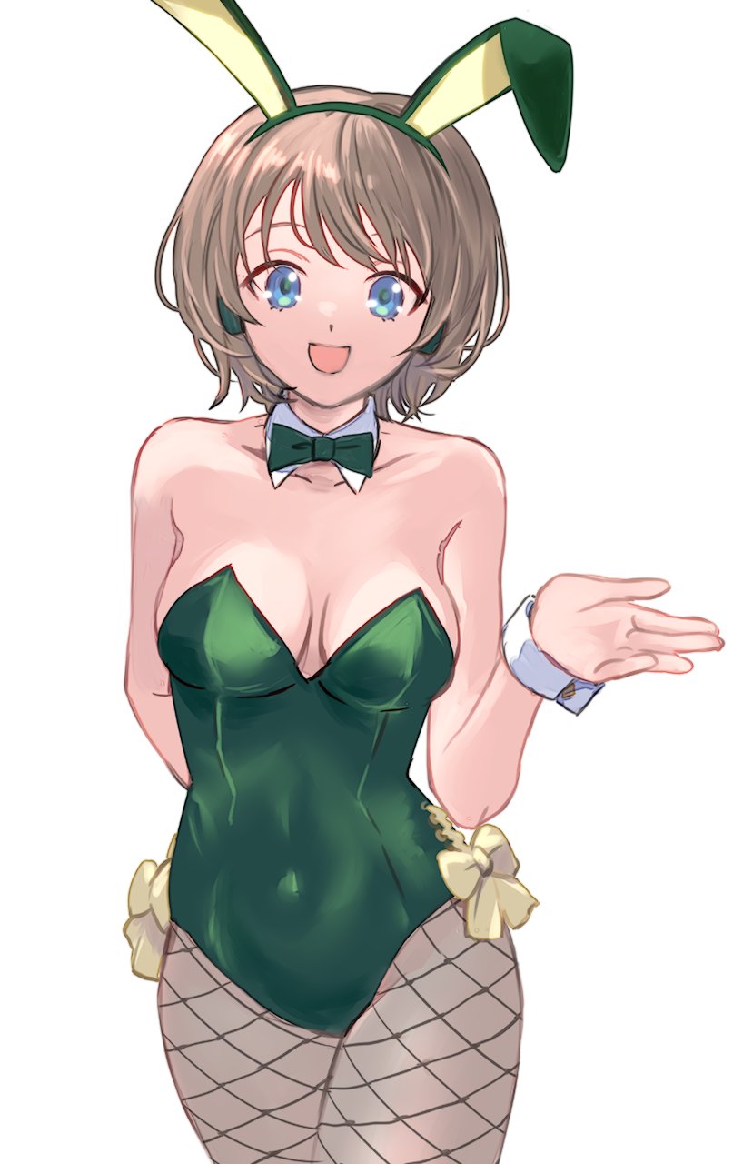 station memories, 1girl, breasts, brown hair, cleavage, green leotard, hotarujaya minamo, leotard, playboy bunny
