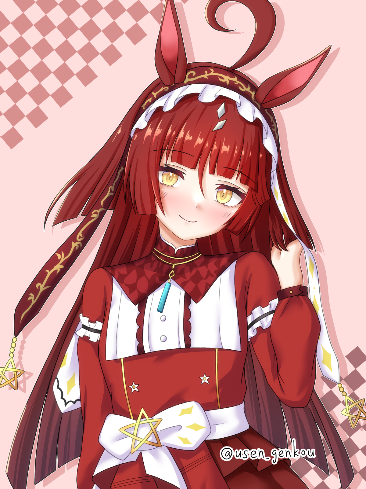 yuusen (aenka), umamusume, highres, 1girl, ahoge, animal ears, blunt bangs, blunt ends, blunt sidelocks, blush, closed mouth, dress, hairband, horse ears, horse girl, long hair, looking at viewer, red desire (umamusume), red dress, red hair, red hairband, sidelocks, smile, solo, yellow eyes