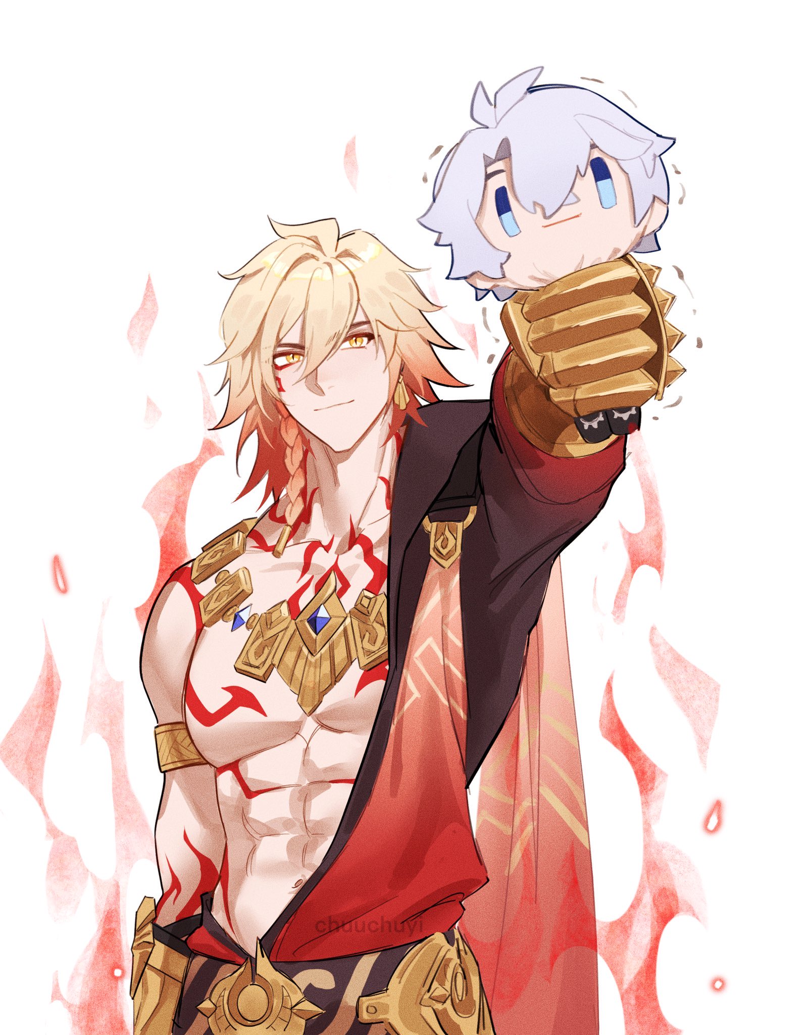 lin (chuuchuyi), mydei (honkai: star rail), phainon (honkai: star rail), honkai: star rail, honkai (series), commentary, commentary request, english commentary, highres, 1boy, abs, arm tattoo, armlet, artist name, black coat, blonde hair, braid, character doll, chest tattoo, clawed gauntlets, coat, doll, earrings, facial tattoo, gold earrings, gold necklace, gradient hair, holding, holding doll, jewelry, male focus, medium hair, multicolored hair, necklace, open clothes, open coat, red hair, red tattoo, side braid, simple background, solo, tattoo, toned, toned male, white background, yellow eyes