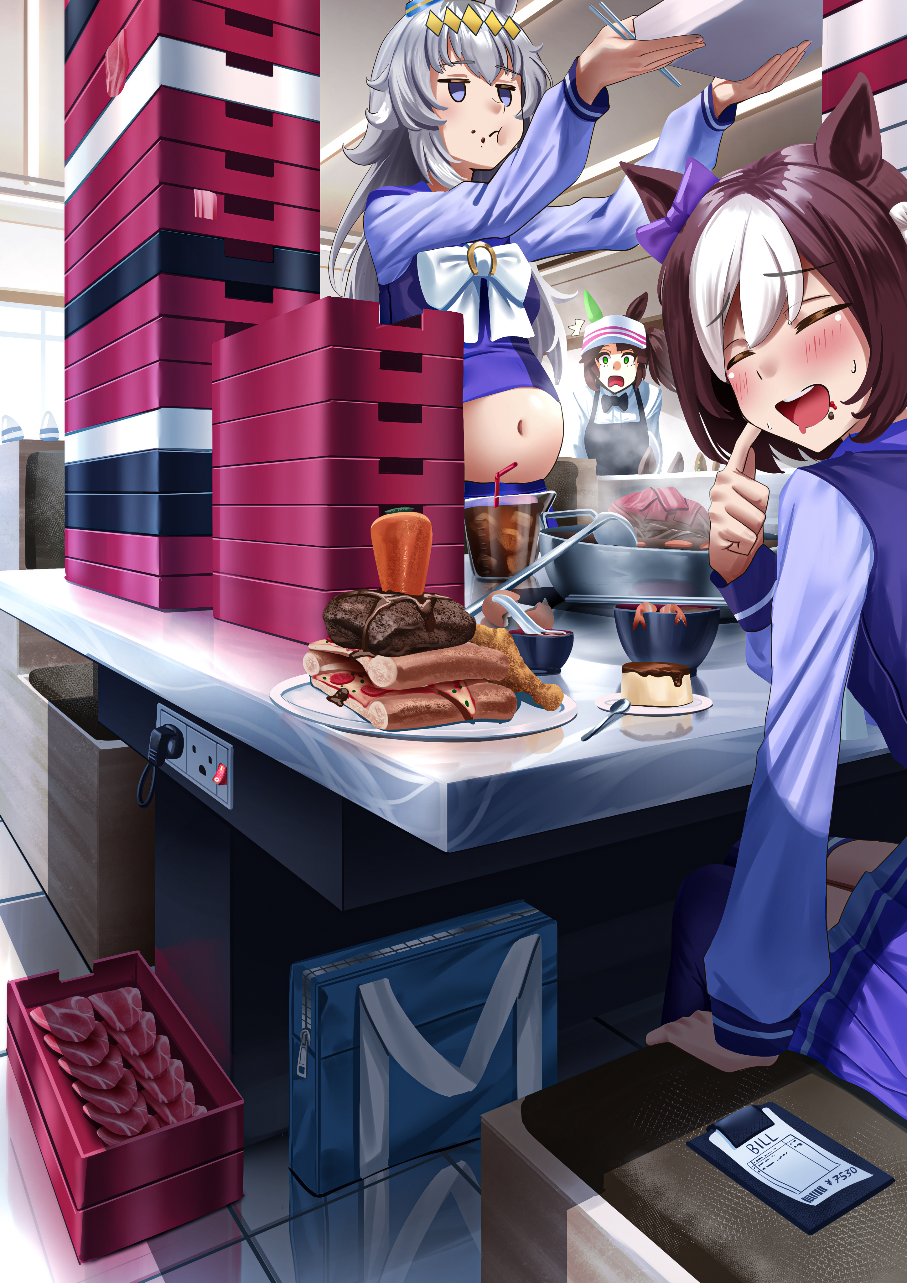 manjo (warito), ines fujin (umamusume), oguri cap (umamusume), special week (umamusume), umamusume, absurdres, highres, 3girls, animal ears, apron, big belly, black apron, blue eyes, blush, booth seating, bow, bowtie, braid, breasts, brown hair, carrot, chopsticks, closed eyes, closed mouth, collared shirt, ear bow, ear covers, ear ornament, eating, food, glutton, green eyes, grey hair, hair between eyes, hair ornament, hairband, hat, holding, holding chopsticks, holding tray, horse ears, horse girl, indoors, long hair, long sleeves, meat, multicolored hair, multiple girls, navel, open mouth, pizza, purple bow, purple sailor collar, purple serafuku, purple shirt, purple skirt, restaurant, sailor collar, sailor shirt, school uniform, serafuku, shirt, short hair, side ponytail, single ear cover, skirt, smile, soda, stomach, tracen school uniform, tray, two-tone hair, visor cap, white bow, white bowtie, white hair, white shirt