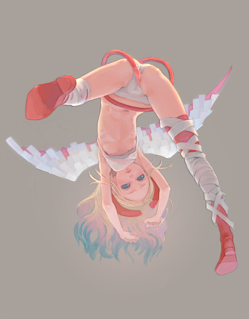 weno, copyright request, 1girl, blonde hair, blue eyes, boots, censored, convenient censoring, female focus, flat chest, horns, loli, nipples, panties, simple background, solo, somersault, tail, thigh boots, thighhighs, tongue, underwear, upside-down, wings