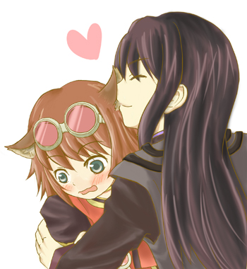 maruru (marimo811), rita mordio, yuri lowell, tales of (series), tales of vesperia, lowres, 00s, 1boy, 1girl, animal ears, blue eyes, blush, bob cut, brown hair, cat ears, closed eyes, goggles, heart, hetero, hug, kemonomimi mode, long hair, purple hair, short hair, smile