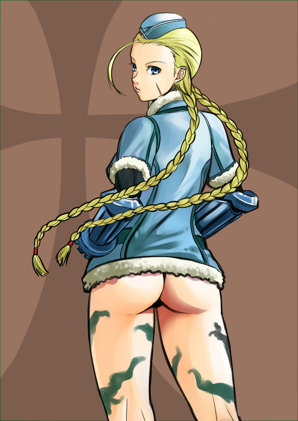 tonbo, cammy white, capcom, street fighter, 1girl, ass, blonde hair, blue eyes, braid, female focus, garrison cap, gloves, hat, solo, twin braids