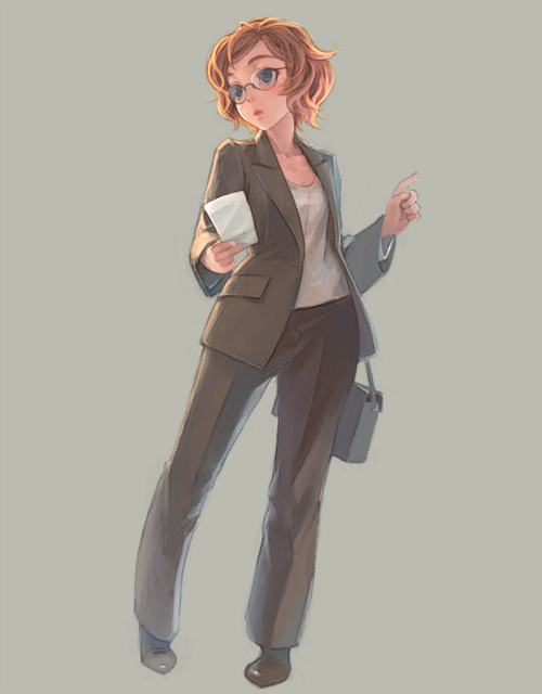 weno, original, 1girl, bag, black shoes, elbow carry, female focus, formal clothes, full body, glasses, grey background, grey theme, handbag, jacket, orange hair, pant suit, pants, pointing, round eyewear, shoes, simple background, solo, standing, suit, suit jacket