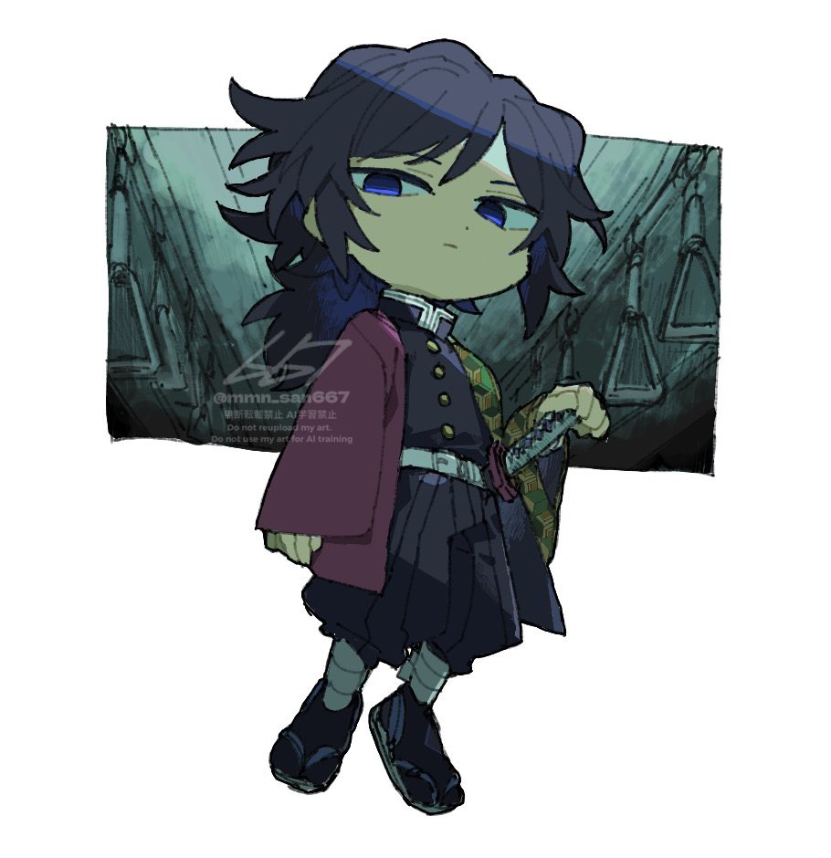 tomioka giyuu, kimetsu no yaiba, 1boy, belt, black hair, black jacket, black pants, blue eyes, buttons, chibi, chibi only, closed mouth, demon slayer uniform, empty eyes, full body, gold buttons, haori, high collar, holding, holding sword, holding weapon, jacket, japanese clothes, katana, kikkoumon, looking at viewer, low ponytail, male focus, mmn san667, pants, ponytail, print haori, red haori, solo, spiked hair, sword, watermark, weapon, white belt