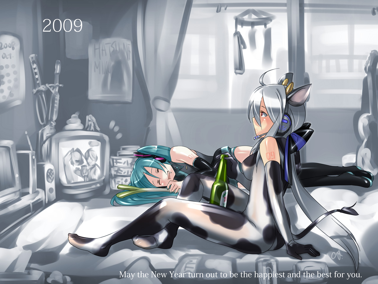 caffein, hatsune miku, yowane haku, vocaloid, silver hair, 00s, 2008, 2009, 2girls, ahoge, alcohol, animal ears, animal print, cow girl, cow print, detached sleeves, drooling, english text, green hair, grey theme, long hair, multiple girls, nail polish, new year, ponytail, red eyes, ribbon, signature, skin tight, spring onion, television, twintails