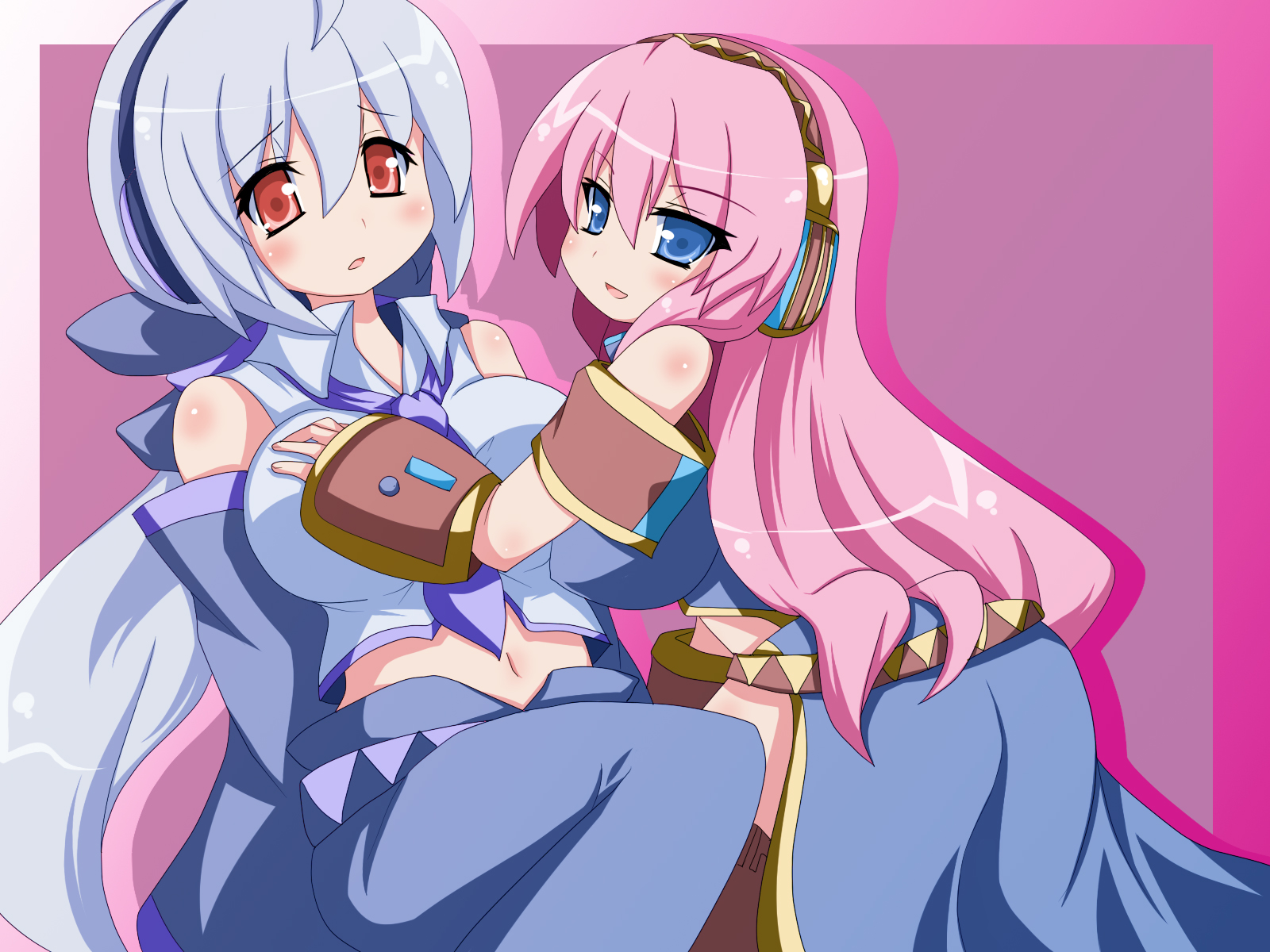 oborotsuki kakeru, megurine luka, yowane haku, vocaloid, silver hair, highres, 2girls, ahoge, blue eyes, breasts, detached sleeves, grabbing another's breast, groping, headband, large breasts, long hair, multiple girls, necktie, pink hair, ponytail, red eyes, ribbon, smile, thighhighs
