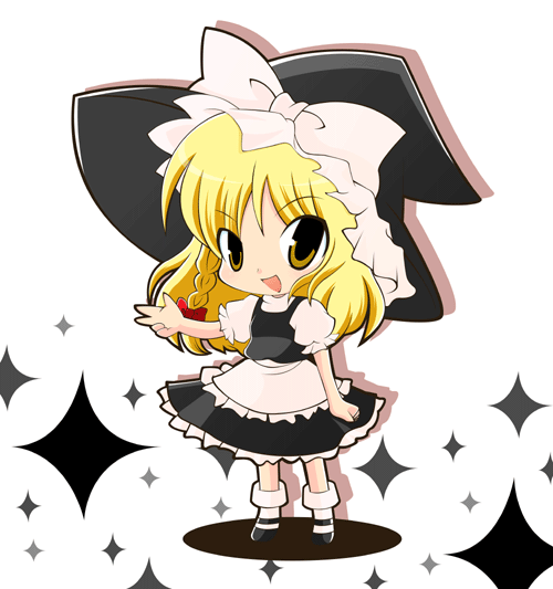 sakaki (pixiv86696), sakaki (sakaking), kirisame marisa, touhou, 1girl, black shoes, blonde hair, bobby socks, braid, chibi, female focus, full body, hair ribbon, hat, looking at viewer, mary janes, open mouth, ribbon, shoes, short hair, short sleeves, side braid, smile, socks, solo, standing, white socks, witch, witch hat, yellow eyes